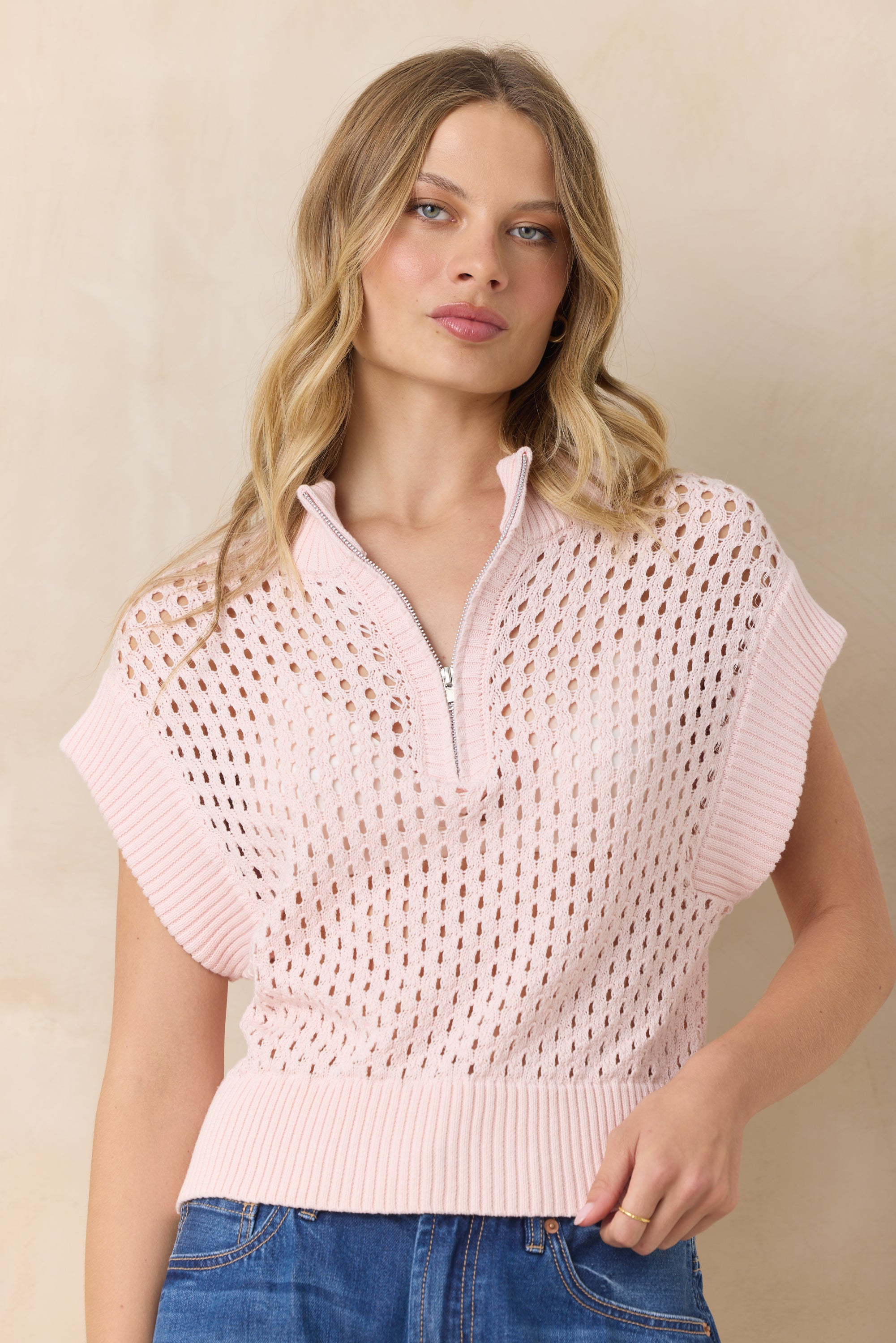 Open Knit Short Sleeve Quarter Zip Sweater