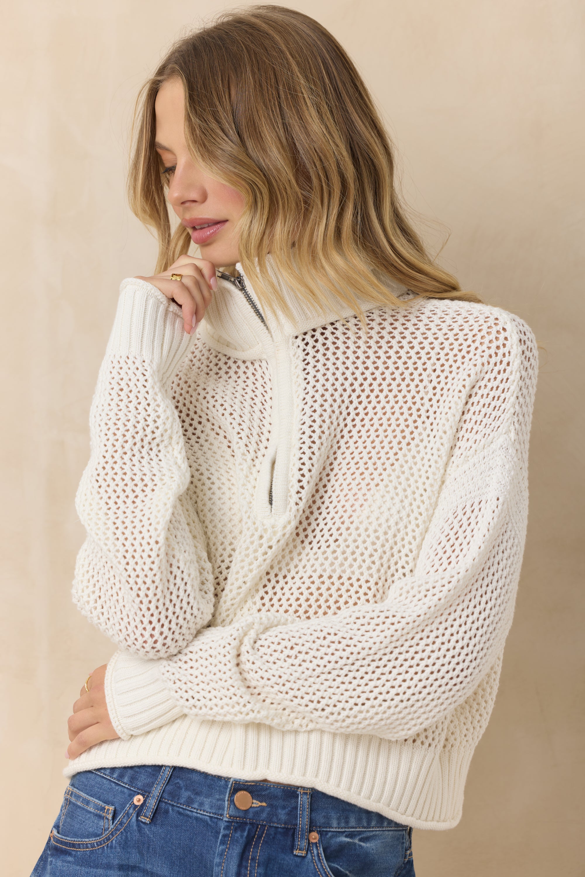 F/W1992 Y’s - Shoulder-Zip Knit Sweater Open Knit Quarter Zip Sweater