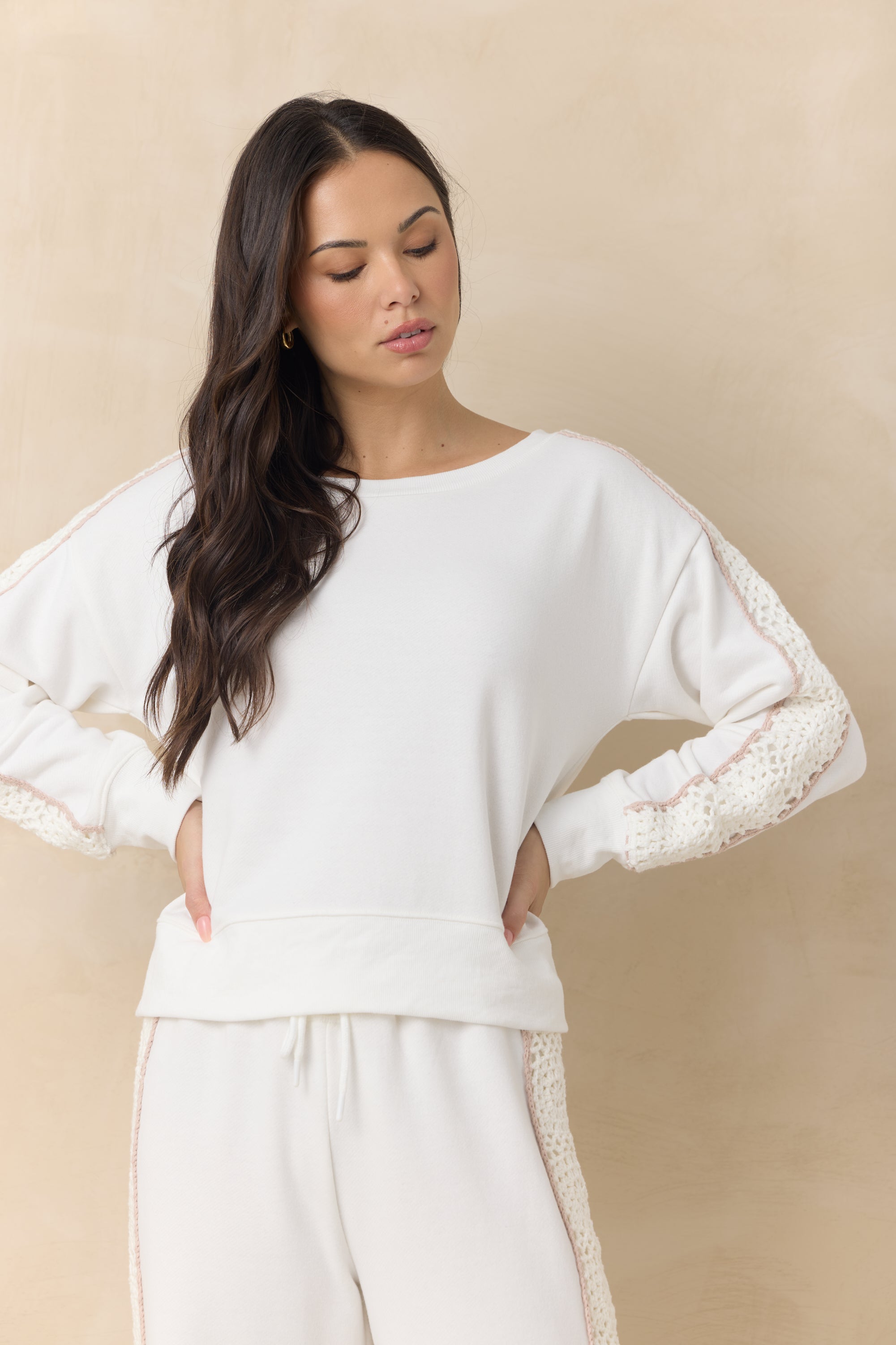 French Terry Crew Sweatshirt with Square Crochet Insert