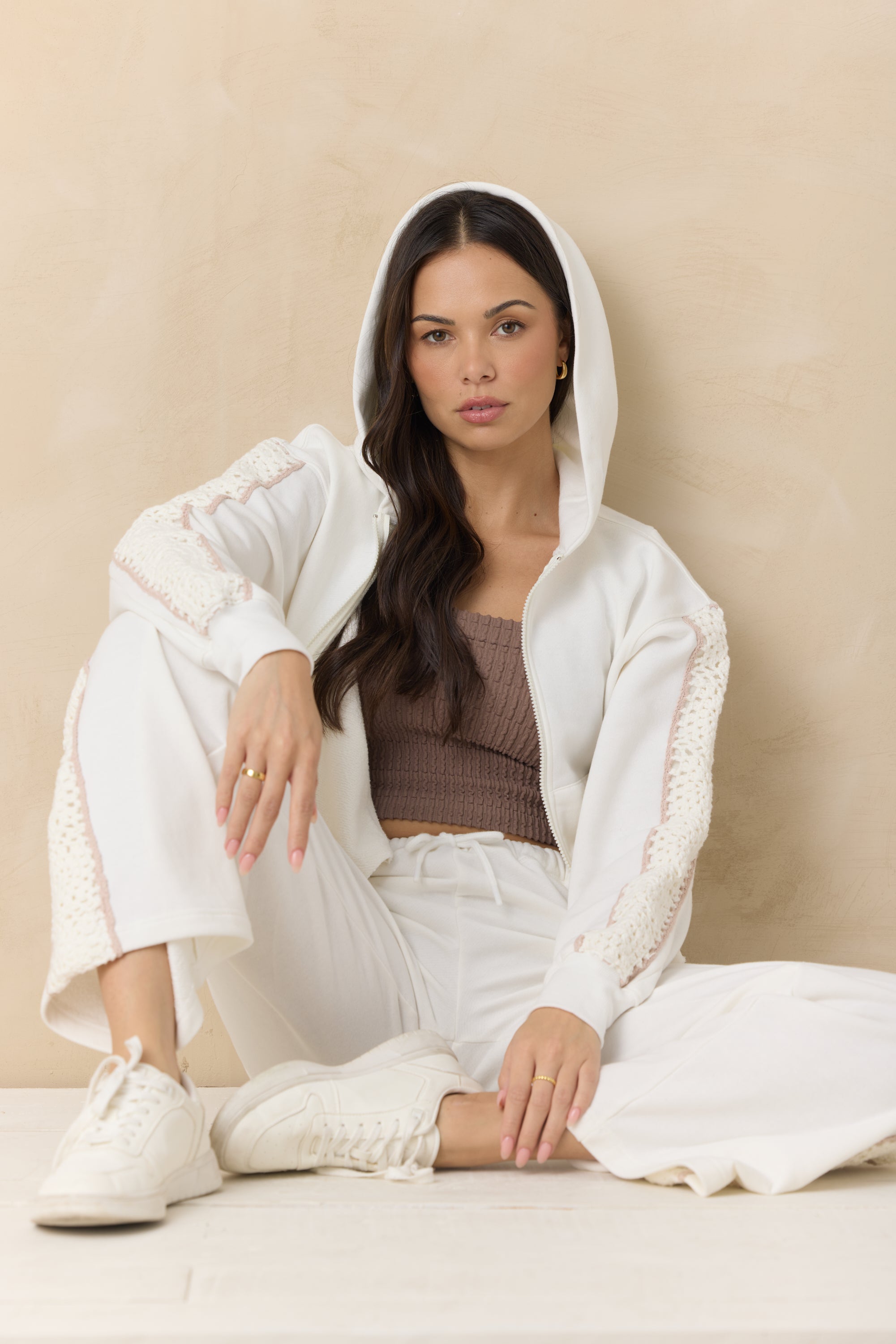 French Terry Zip-Up Sweatshirt with Square Crochet Insert