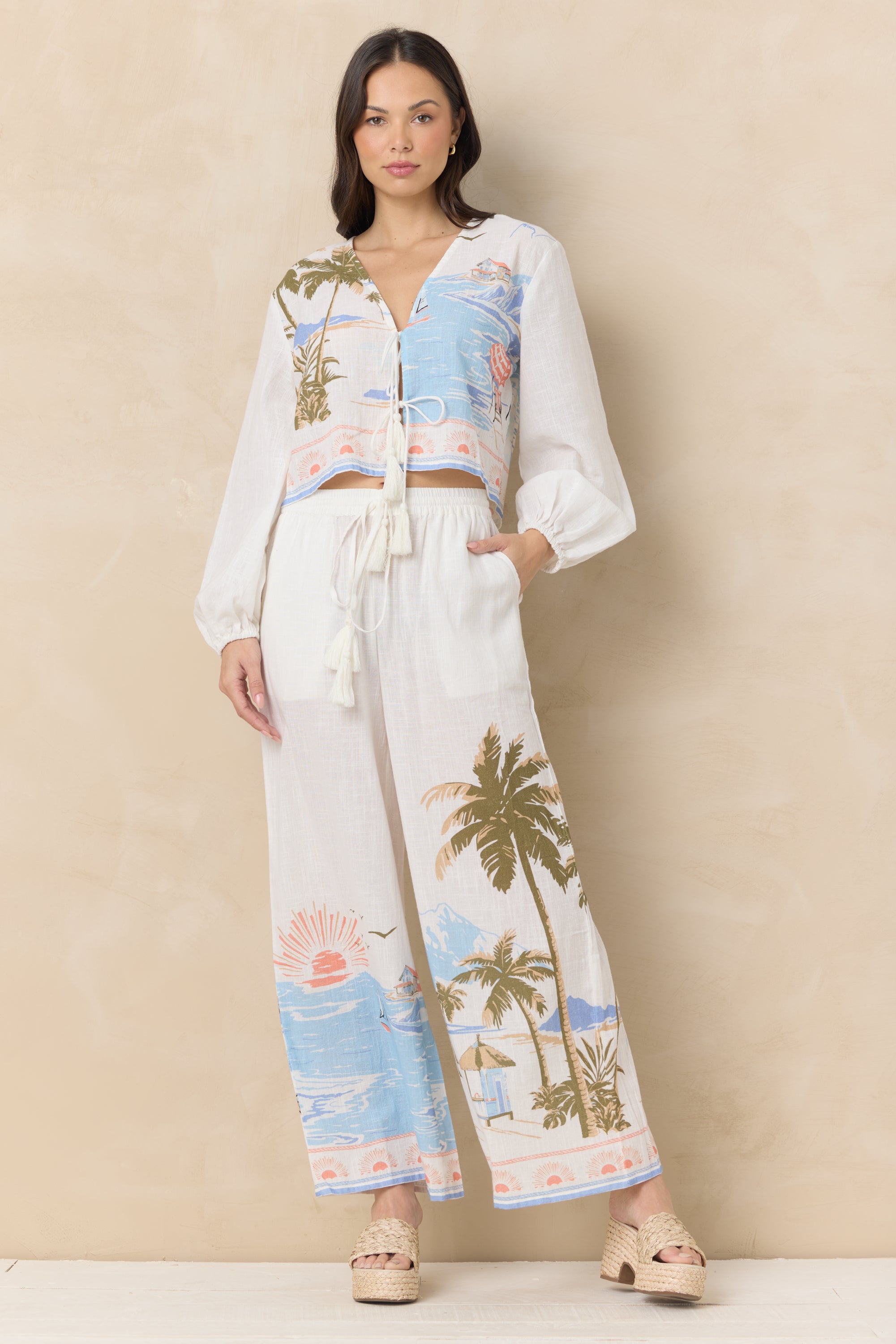 Printed Linen Long Sleeve Tie Top