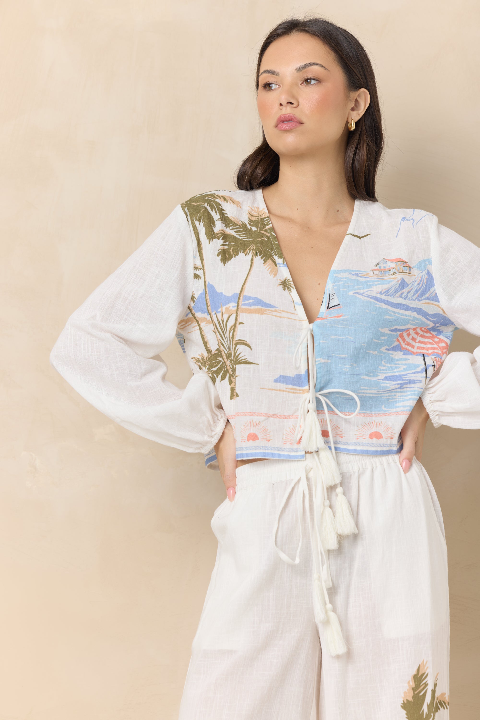 Printed Linen Long Sleeve Tie Top