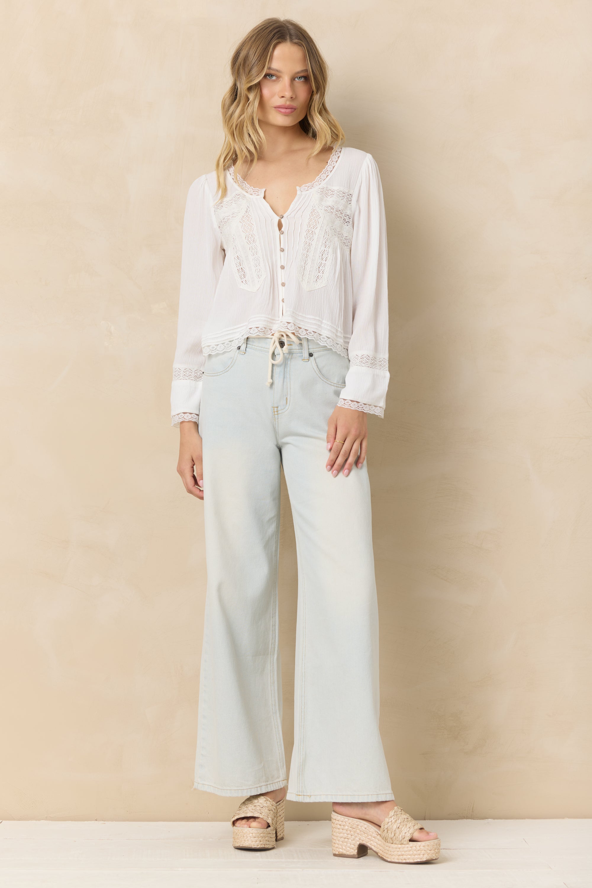 Long Sleeve Blouse w/ Lace Detail