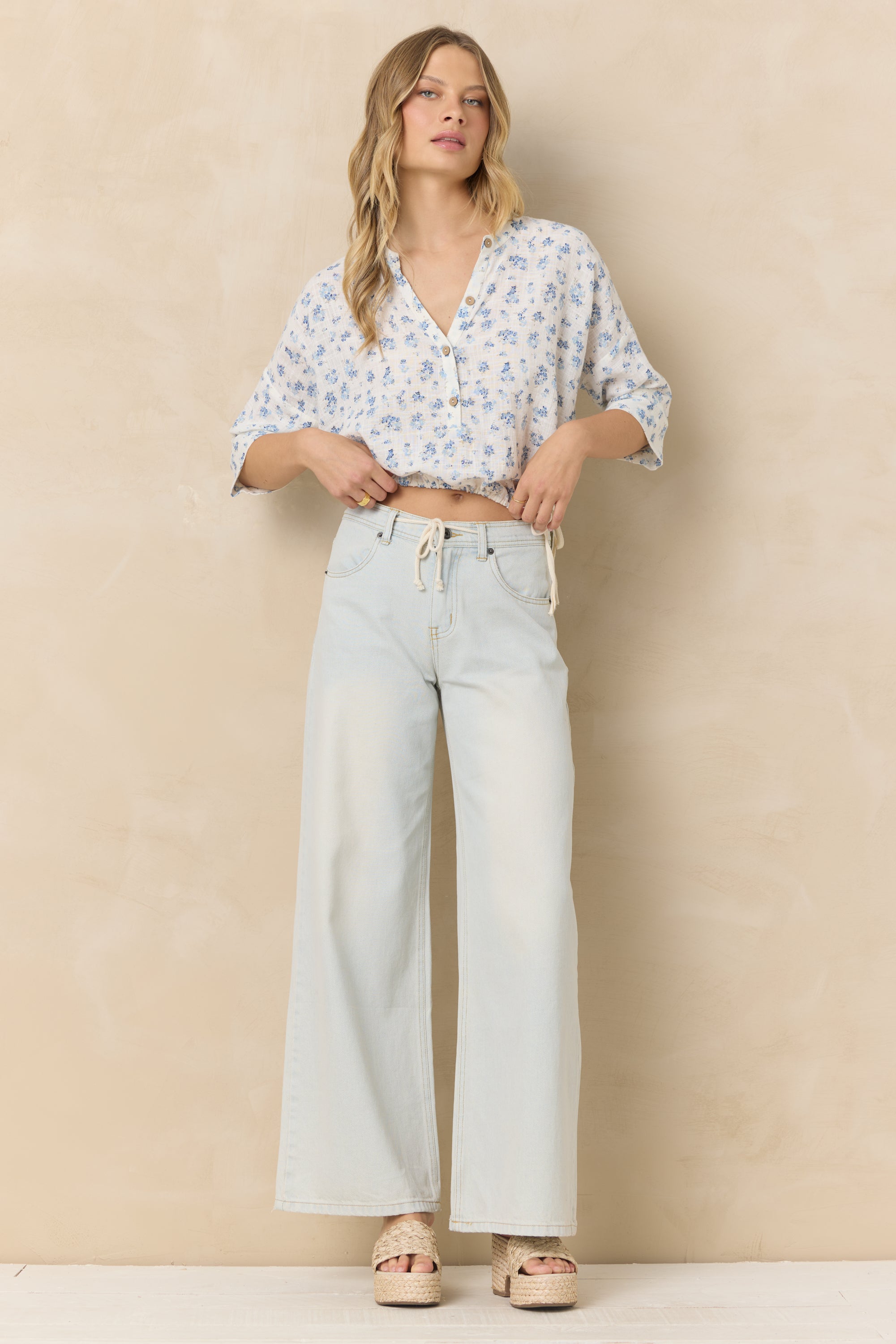 Button Front Short Sleeve Top - Blue Ditsy Floral