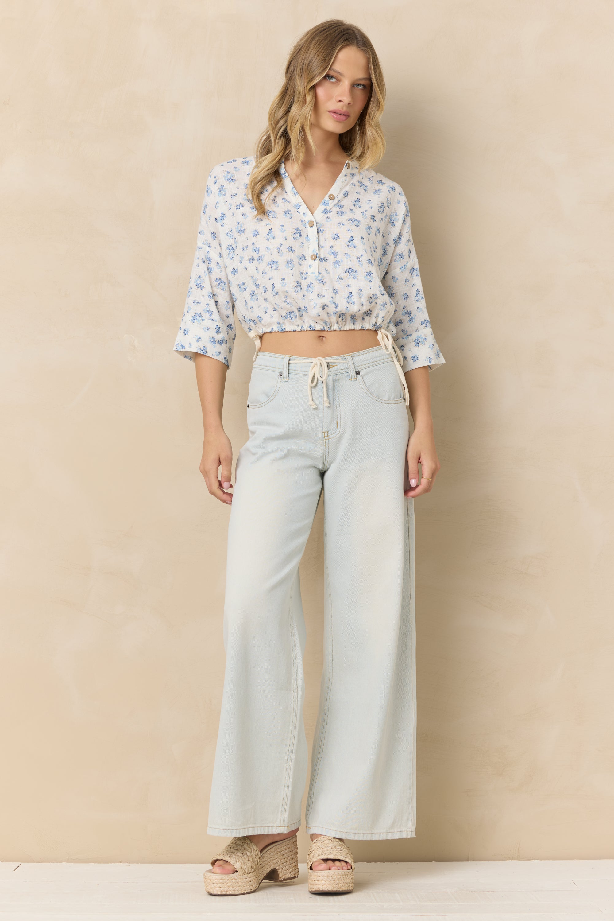 Button Front Short Sleeve Top - Blue Ditsy Floral