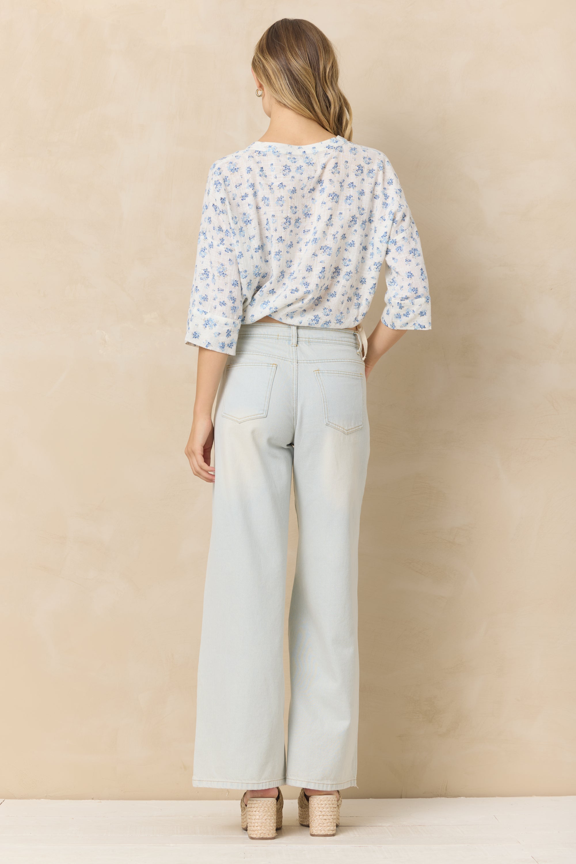 Button Front Short Sleeve Top - Blue Ditsy Floral