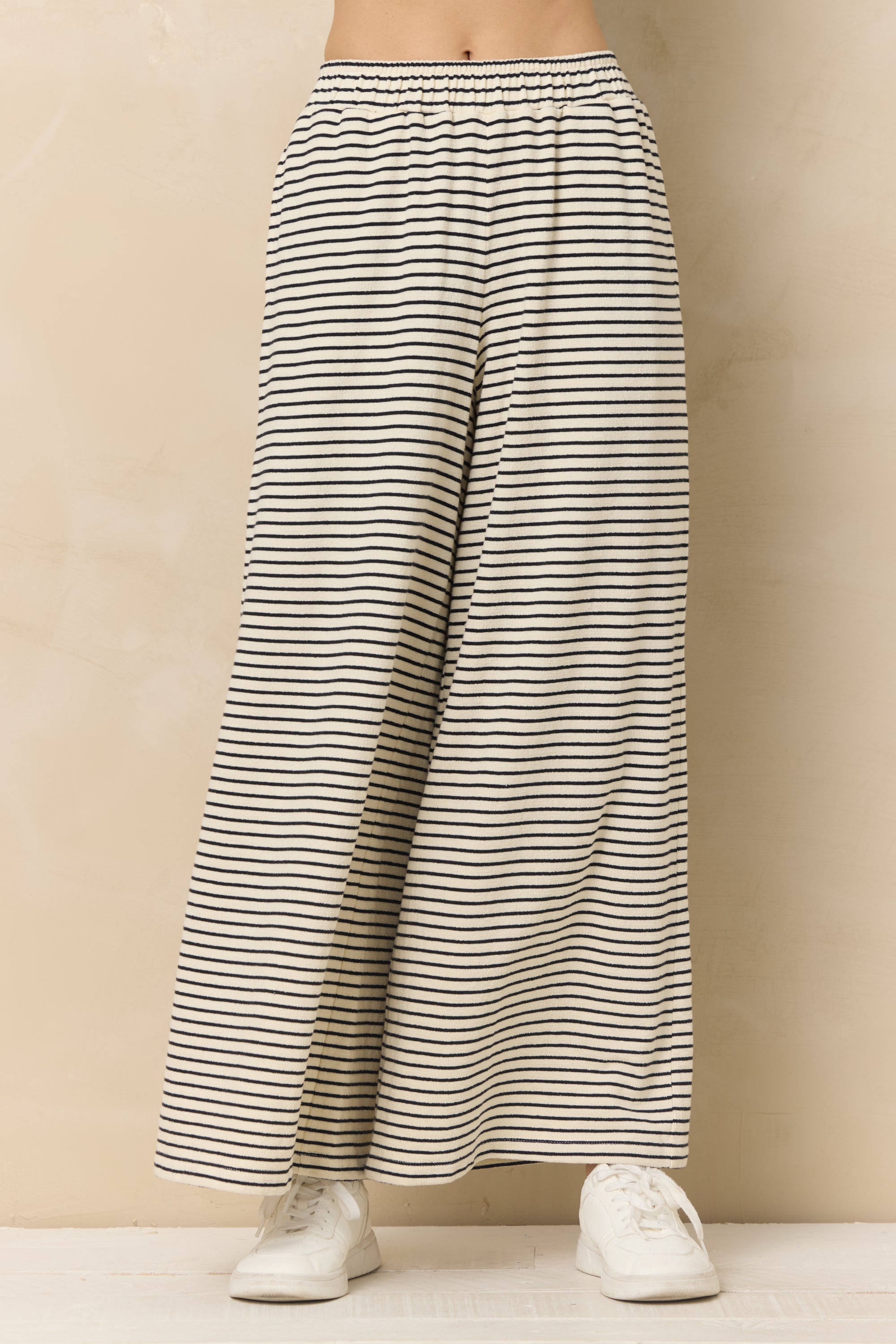 Striped French Terry Cloth Wide Leg Pant