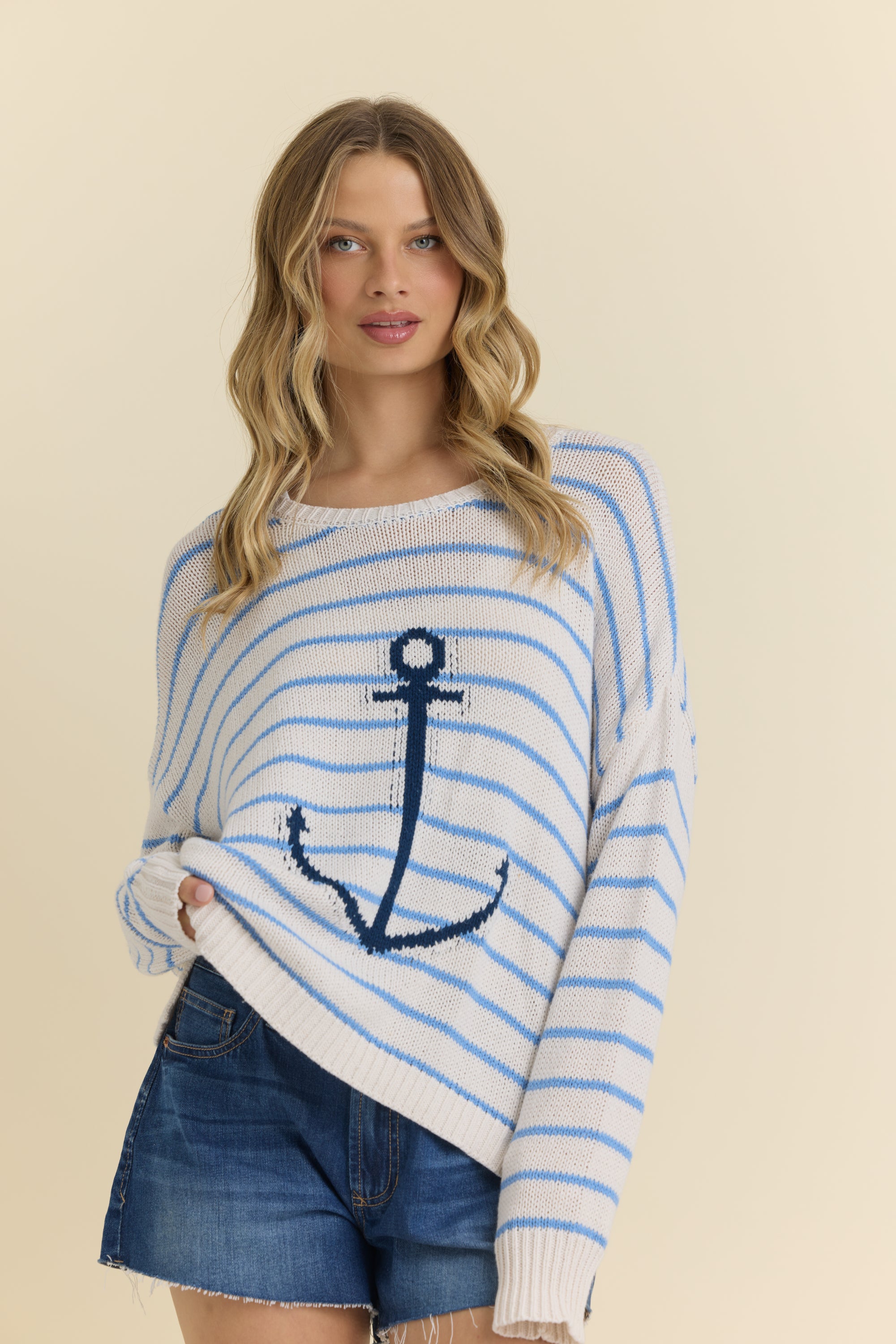 Purl Knit Stripe Sweater with Anchor