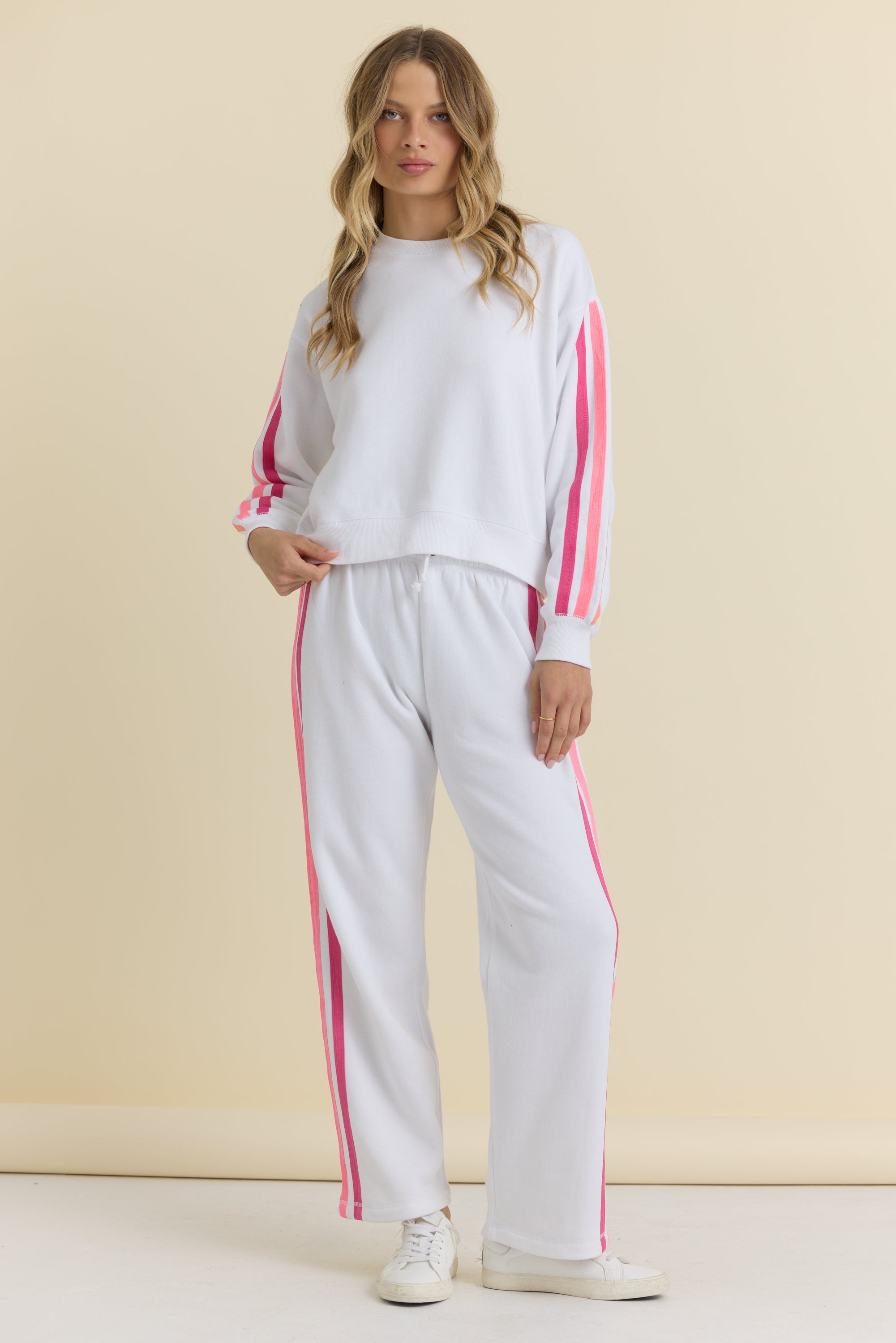 Stripe Twill Tape Fleece Wide Leg Pants