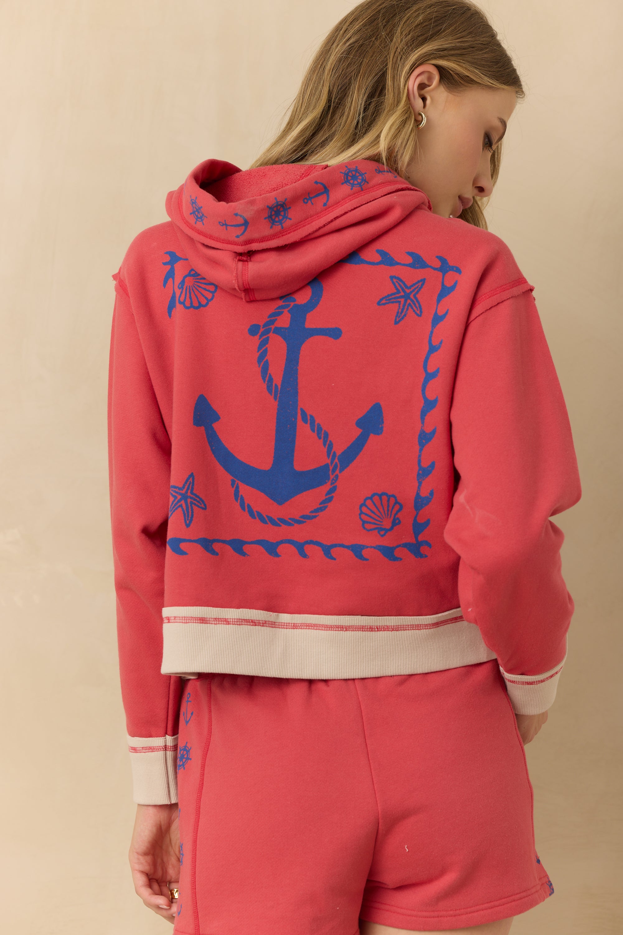 French Terry Nautical Print Hoodie