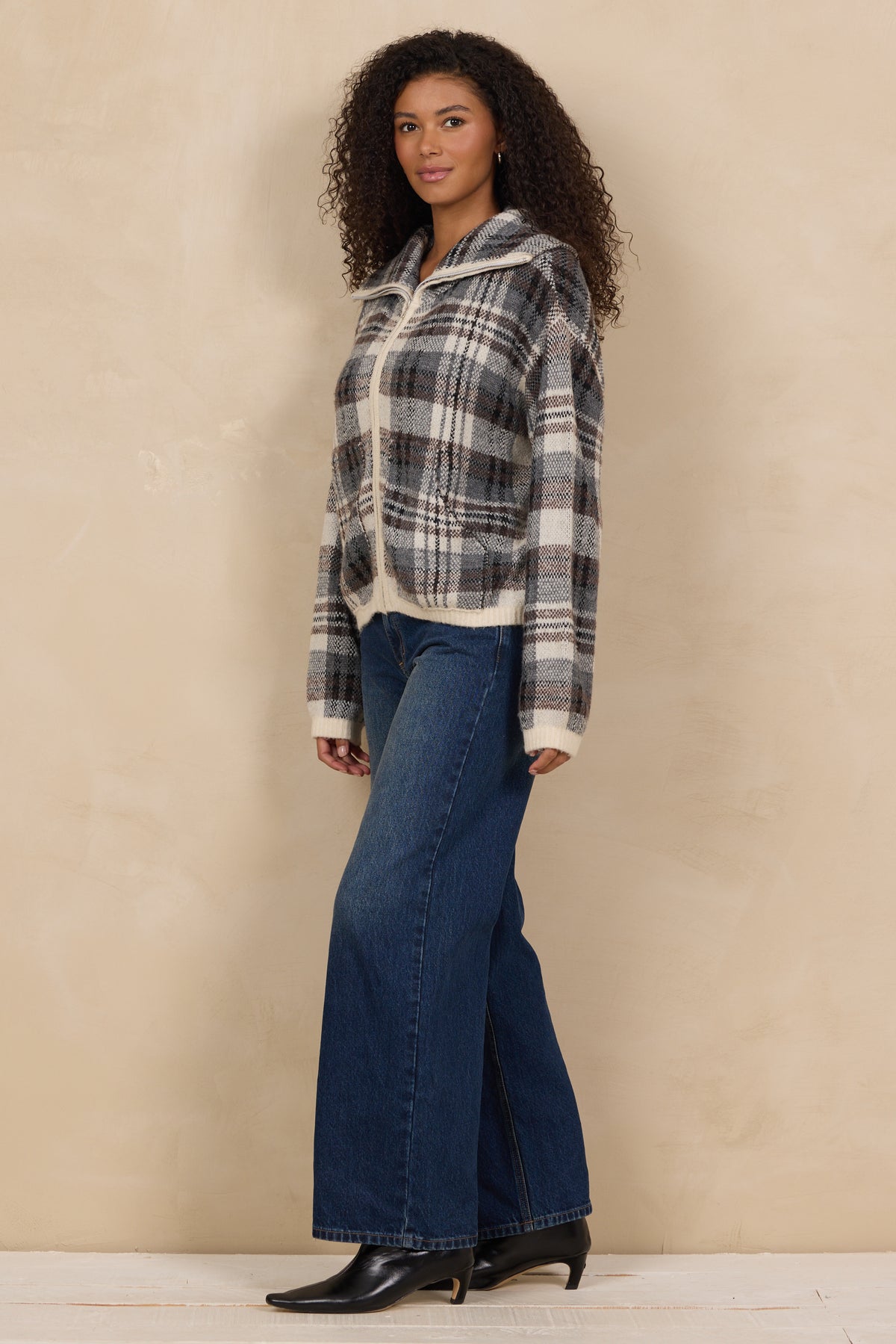 Jaquard Knit Zip Up Sweater