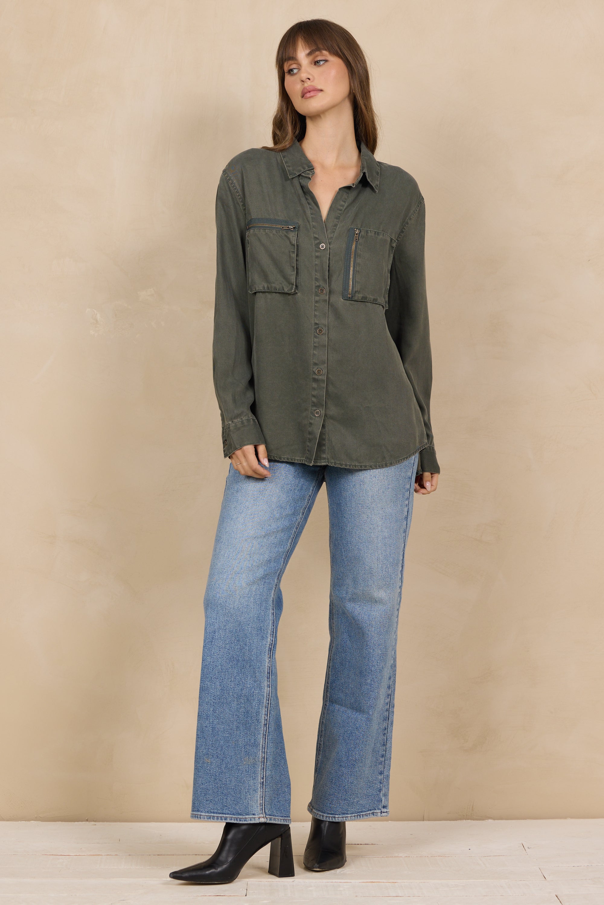 Tencel Button Up w/ Zipper Details