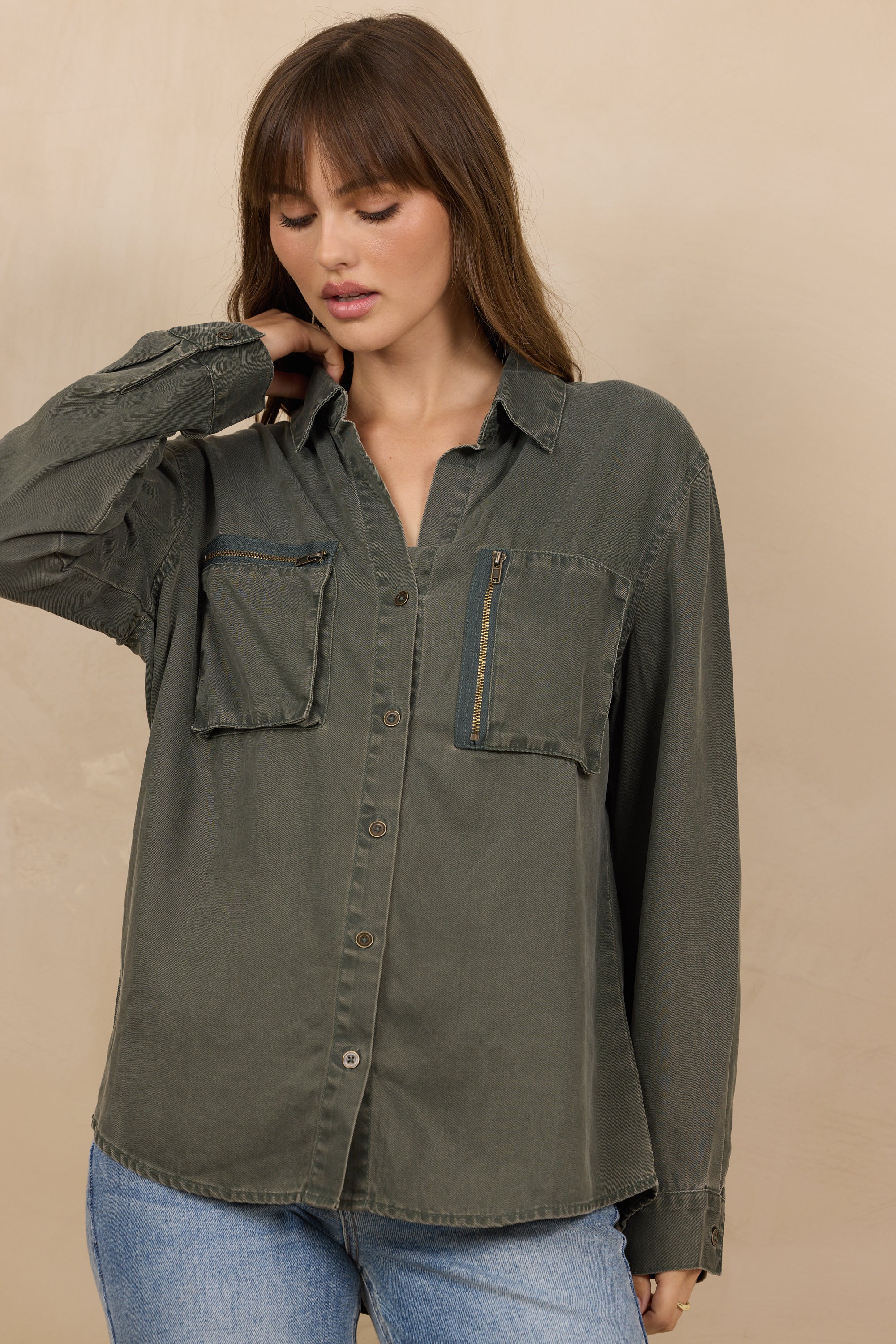 Tencel Button Up w/ Zipper Details