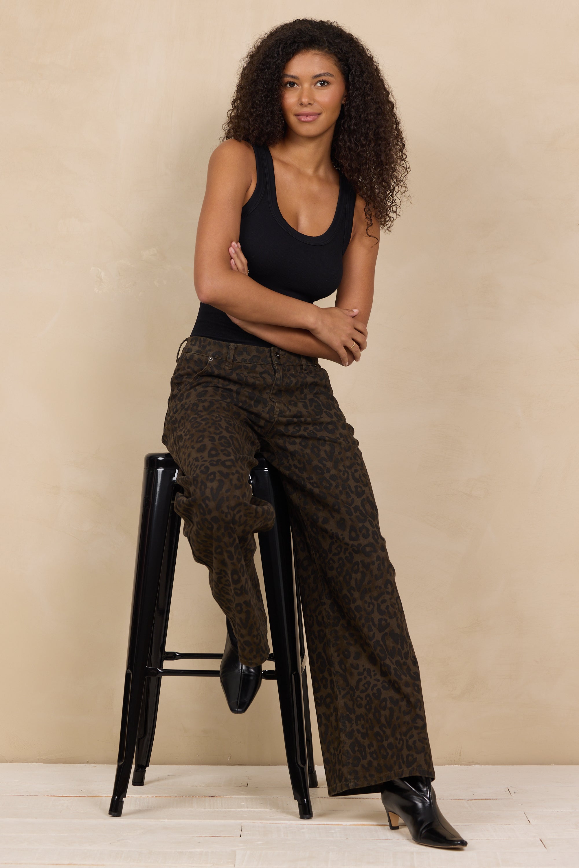 Stretch Denim Print Wide Leg Pant