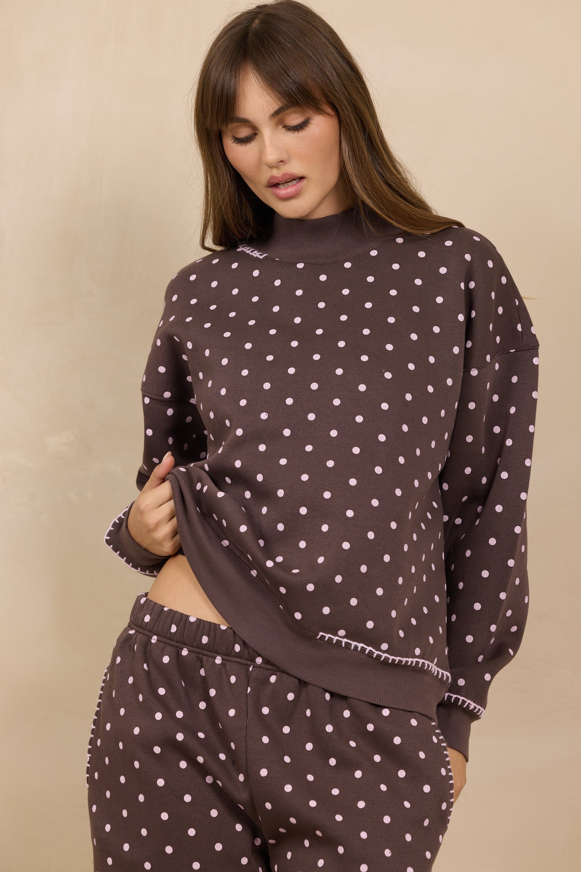 Printed Essential Fleece Mockneck & Pant Set W/ Whipstitch