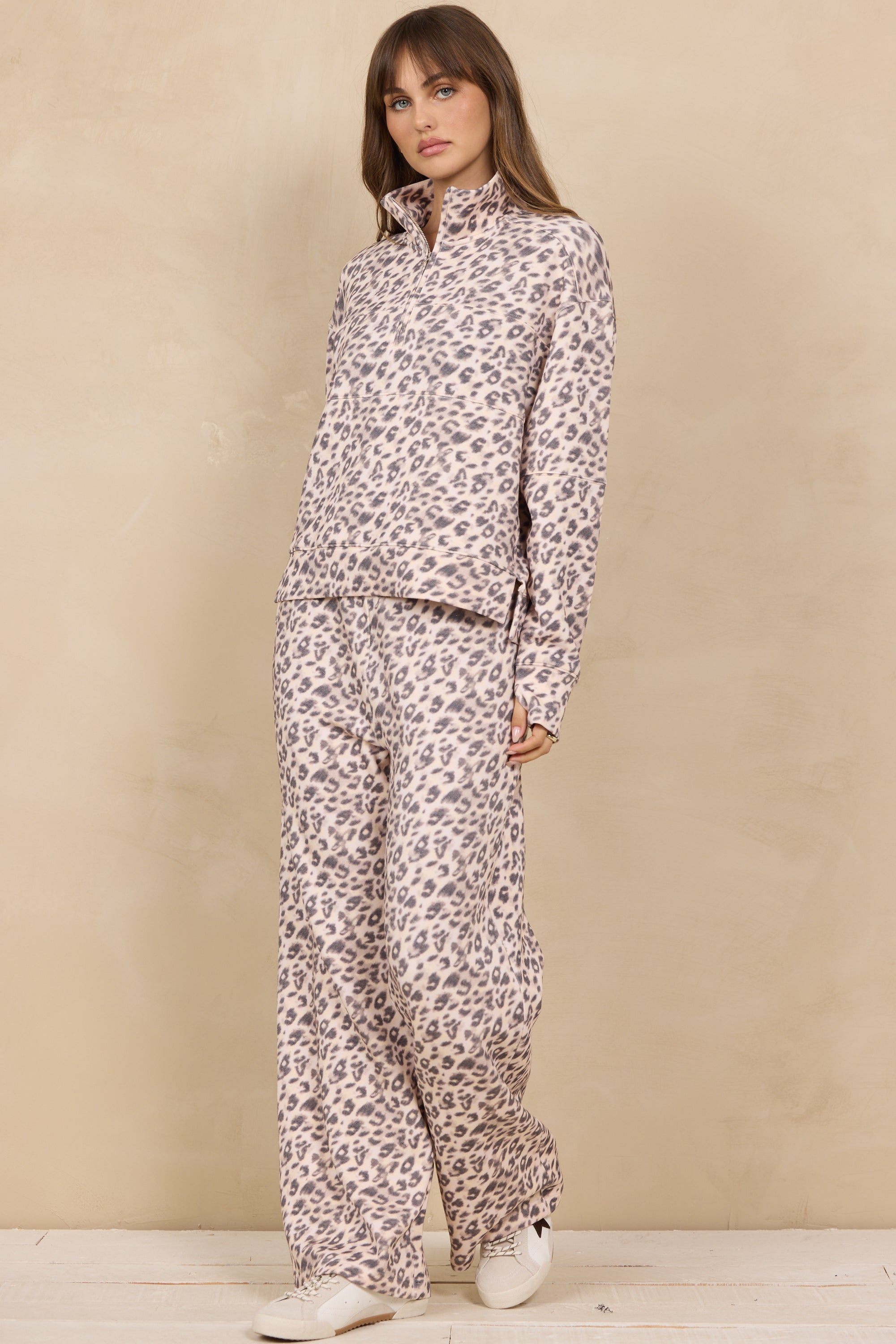 Printed Cloud Quarter Zip W/ Seams in Leopard