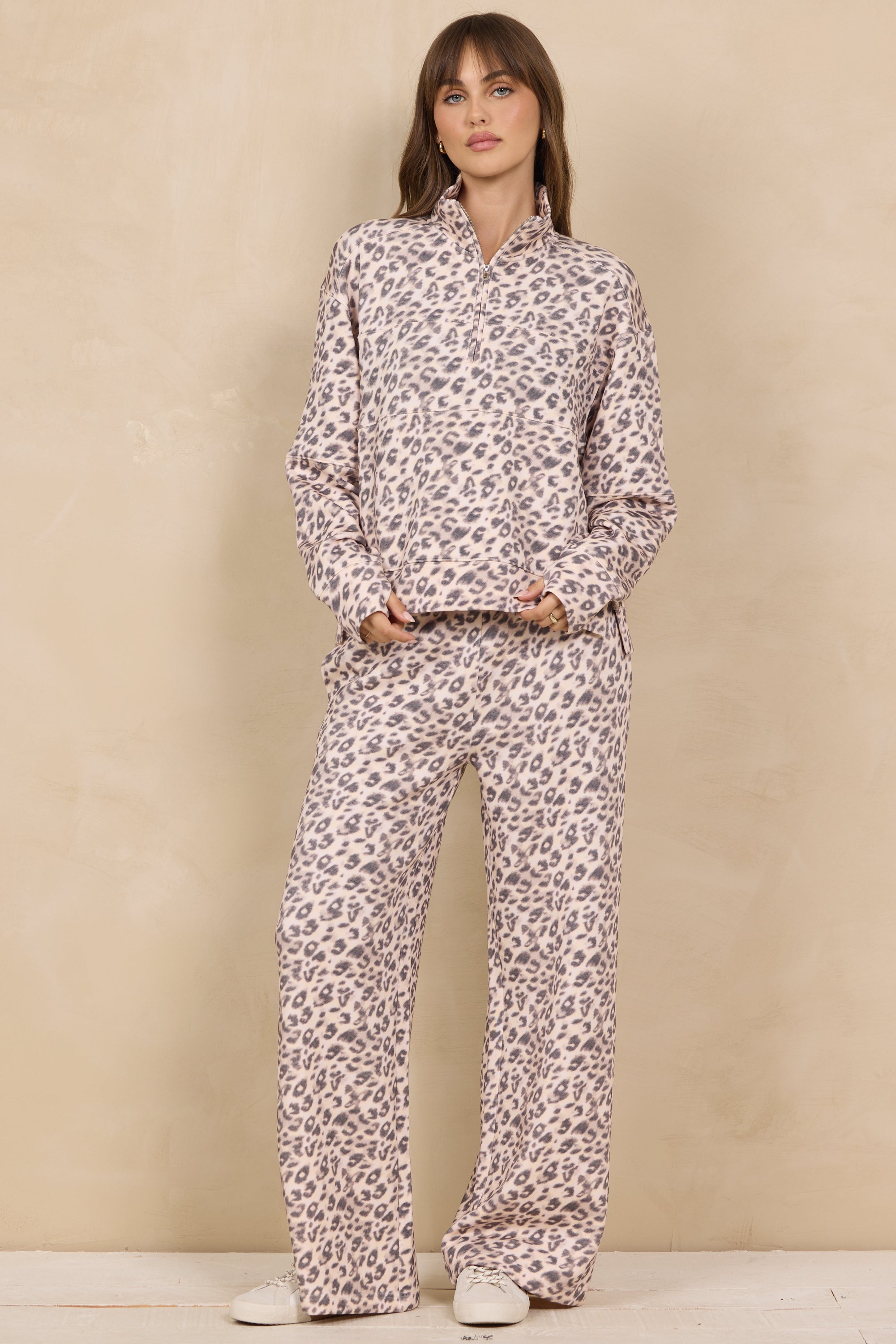Printed Cloud Quarter Zip W/ Seams in Leopard