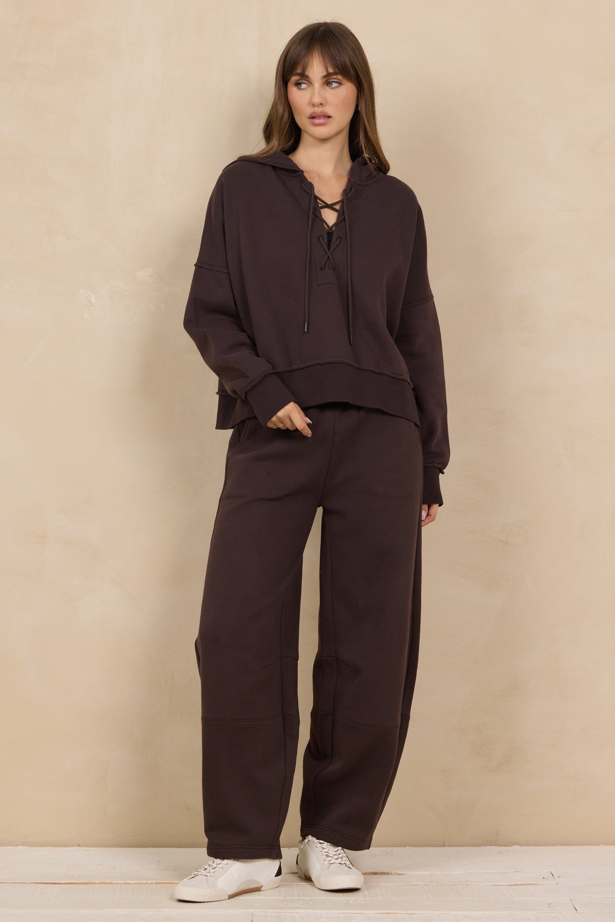 Soft Surf Wash Lace Up Hoodie 2-Piece Set in Brownie
