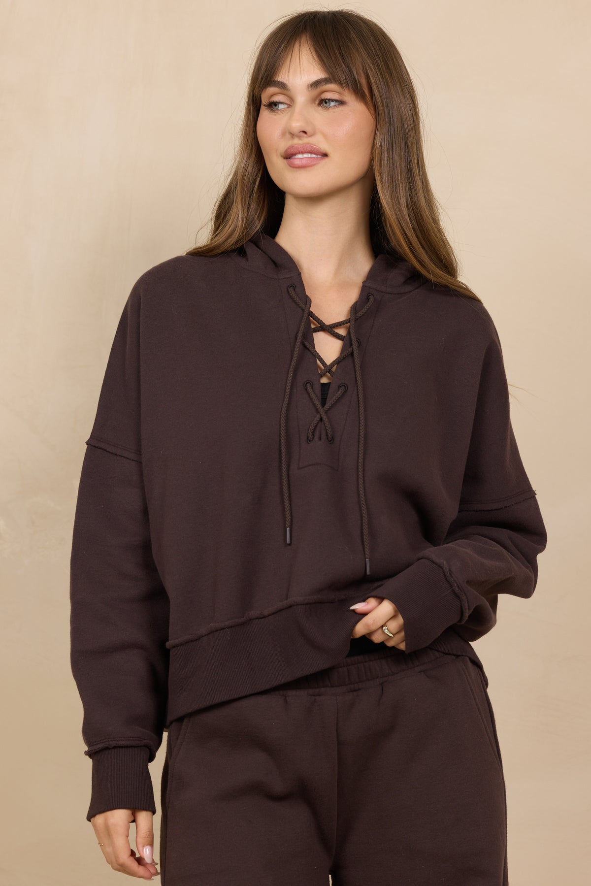 Soft Surf Wash Lace Up Hoodie 2-Piece Set in Brownie
