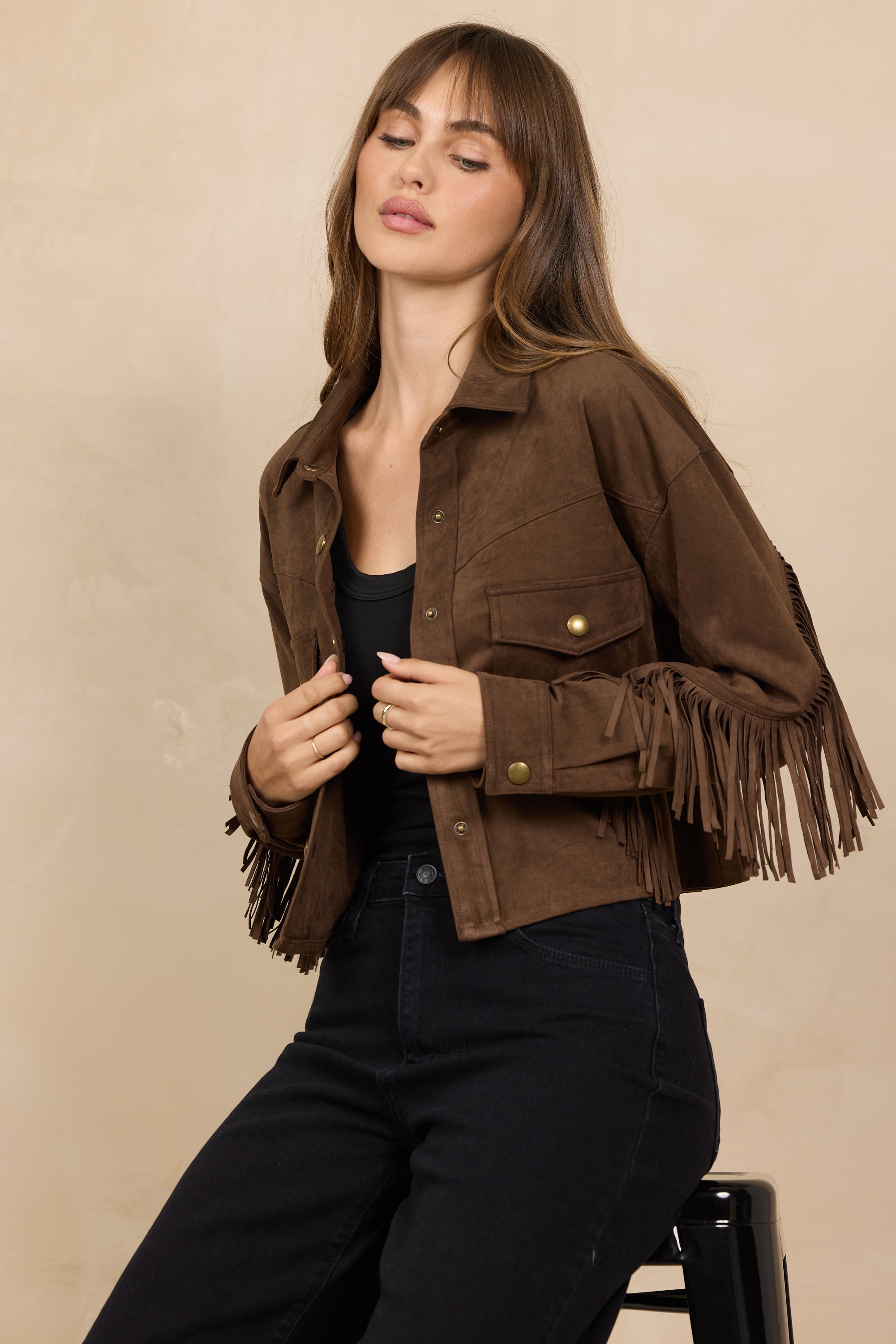 Vintage Brown Crop Suede Fringe Jacket