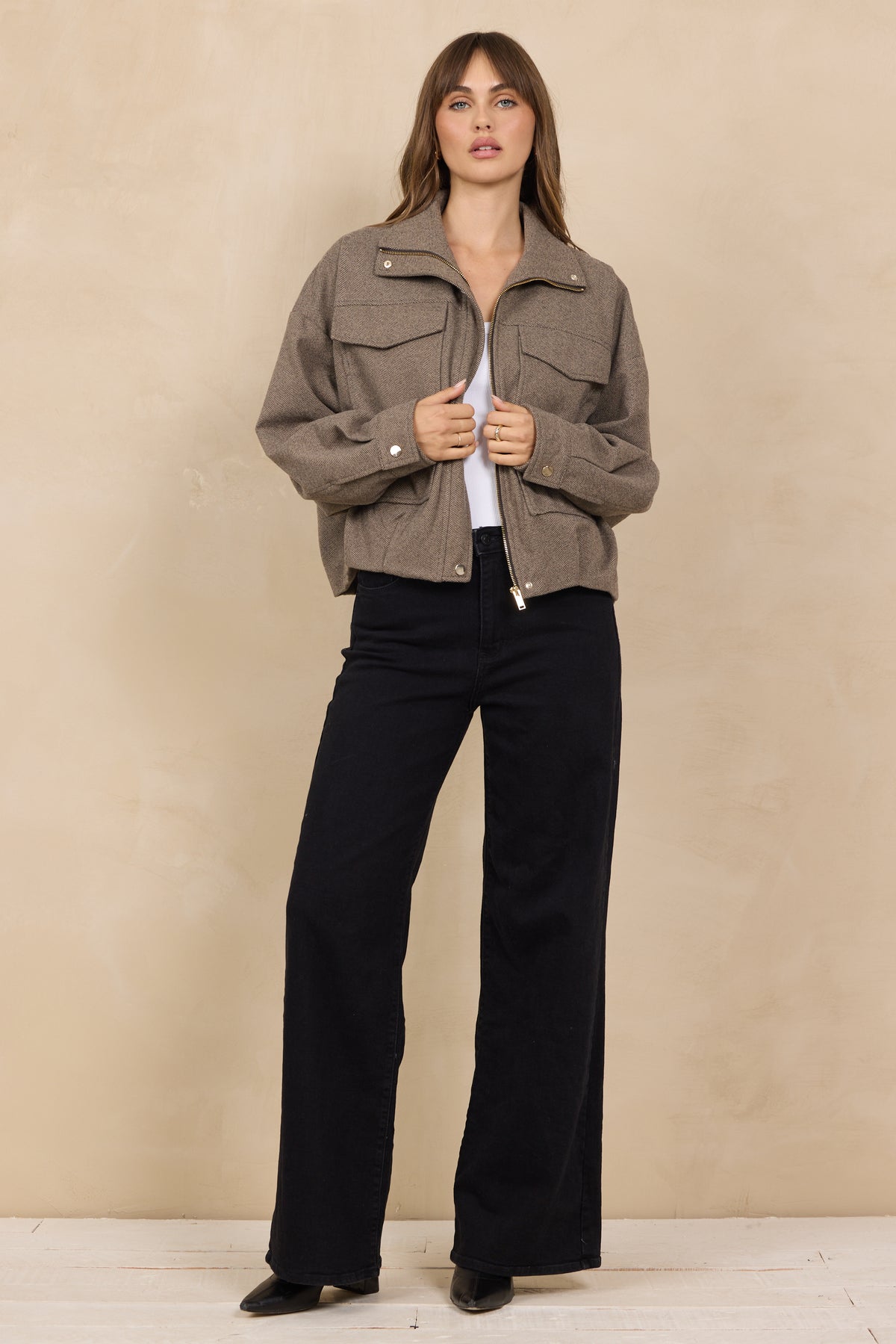 Mocha Herringbone Twill Bomber Jacket