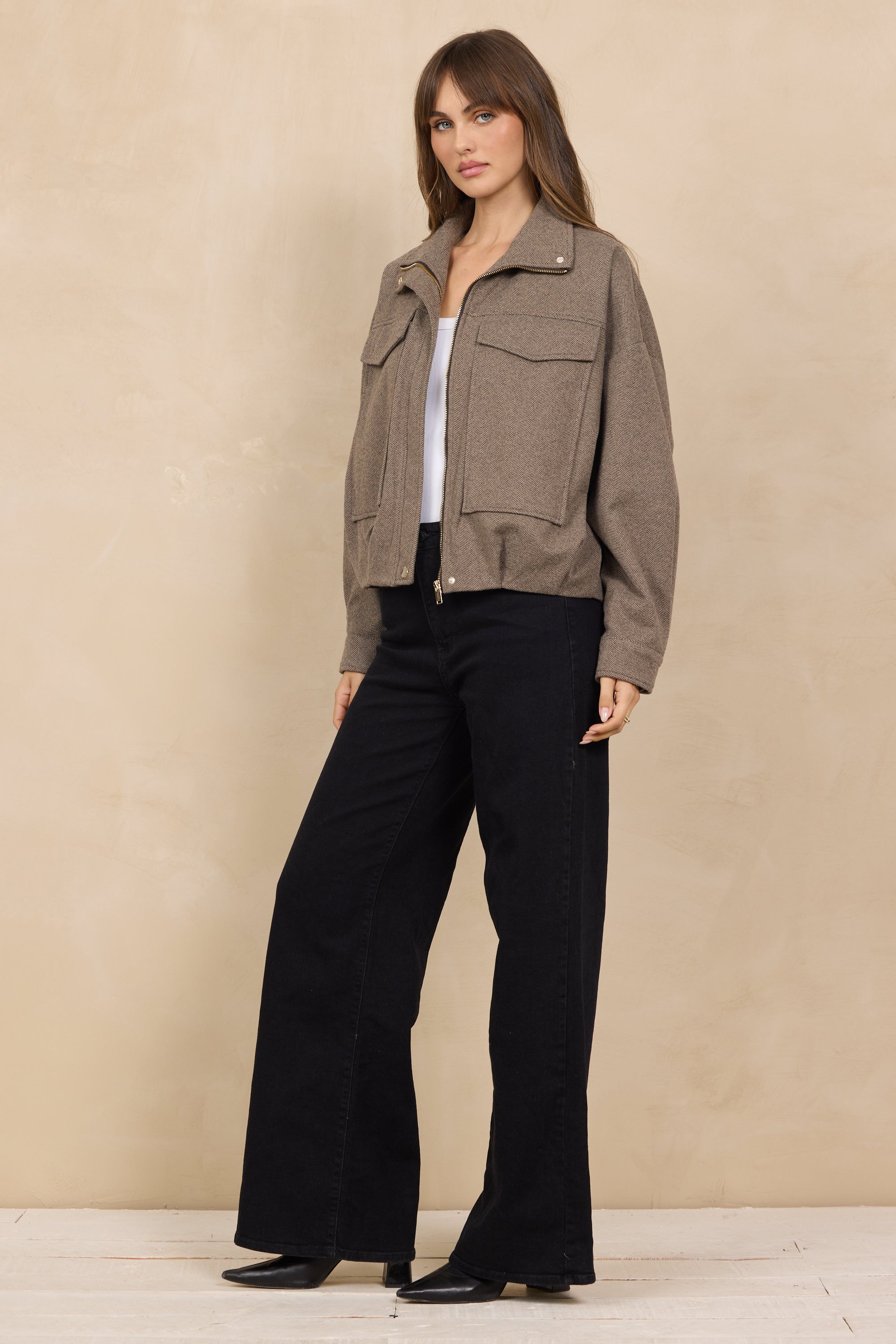 Mocha Herringbone Twill Bomber Jacket