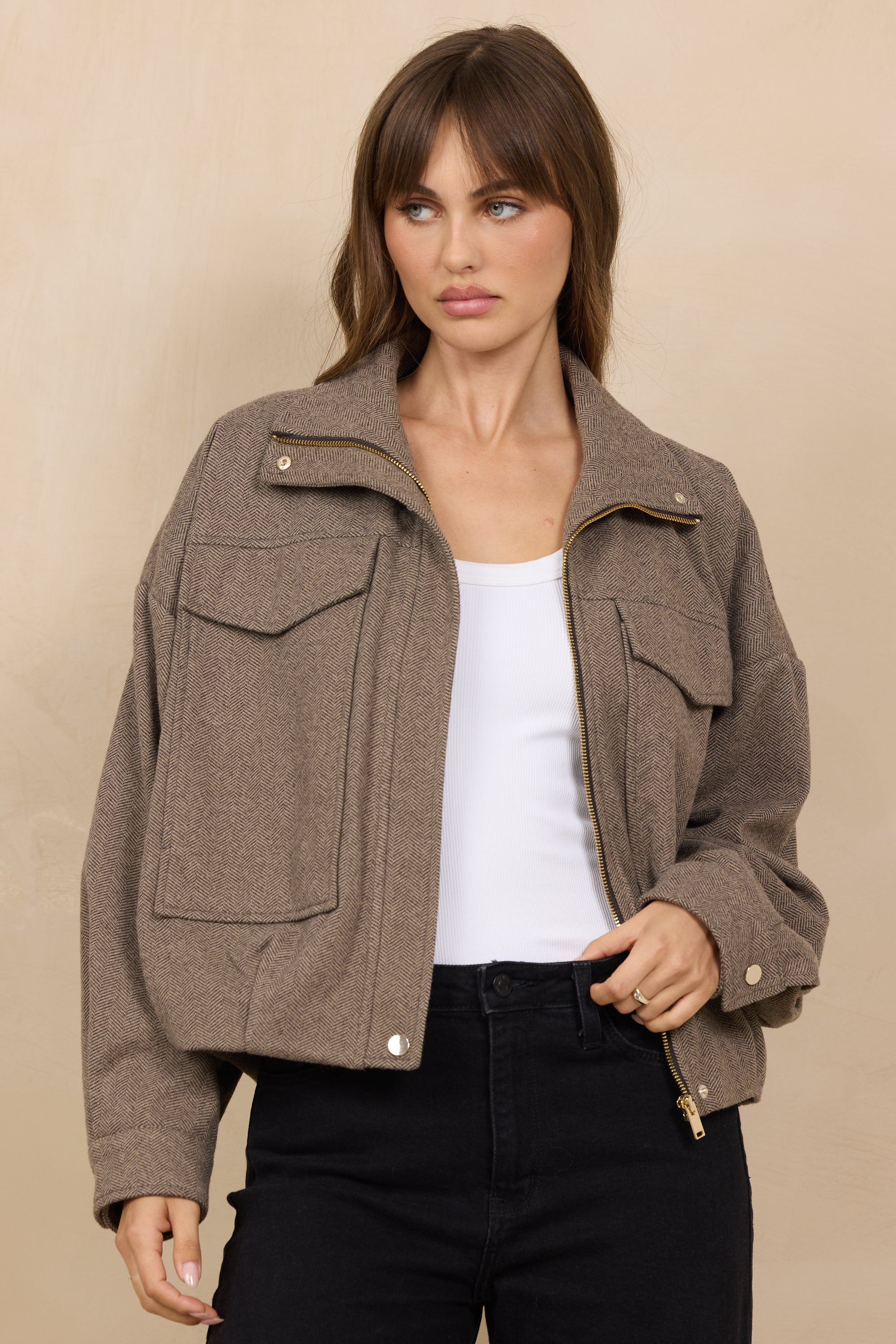 Mocha Herringbone Twill Bomber Jacket