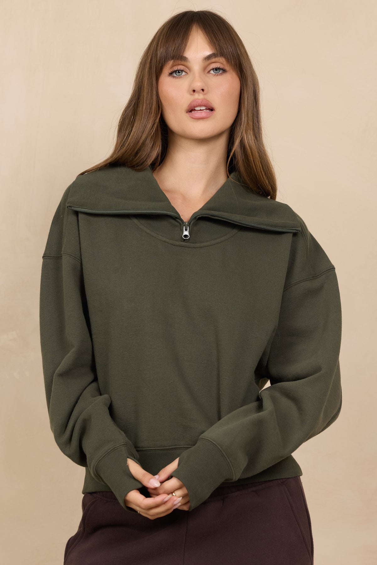 Soft Surf Wash Zippered Mockneck 2-Piece Set in Army Olive
