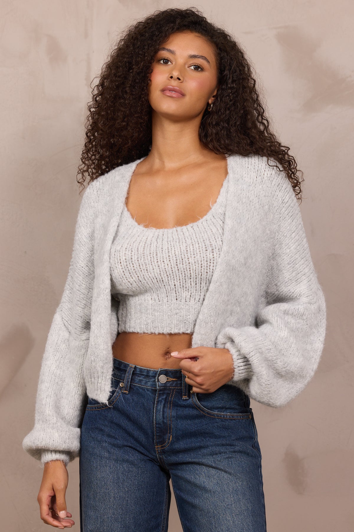 LIGHT GREY TANK AND CARDIGAN SET