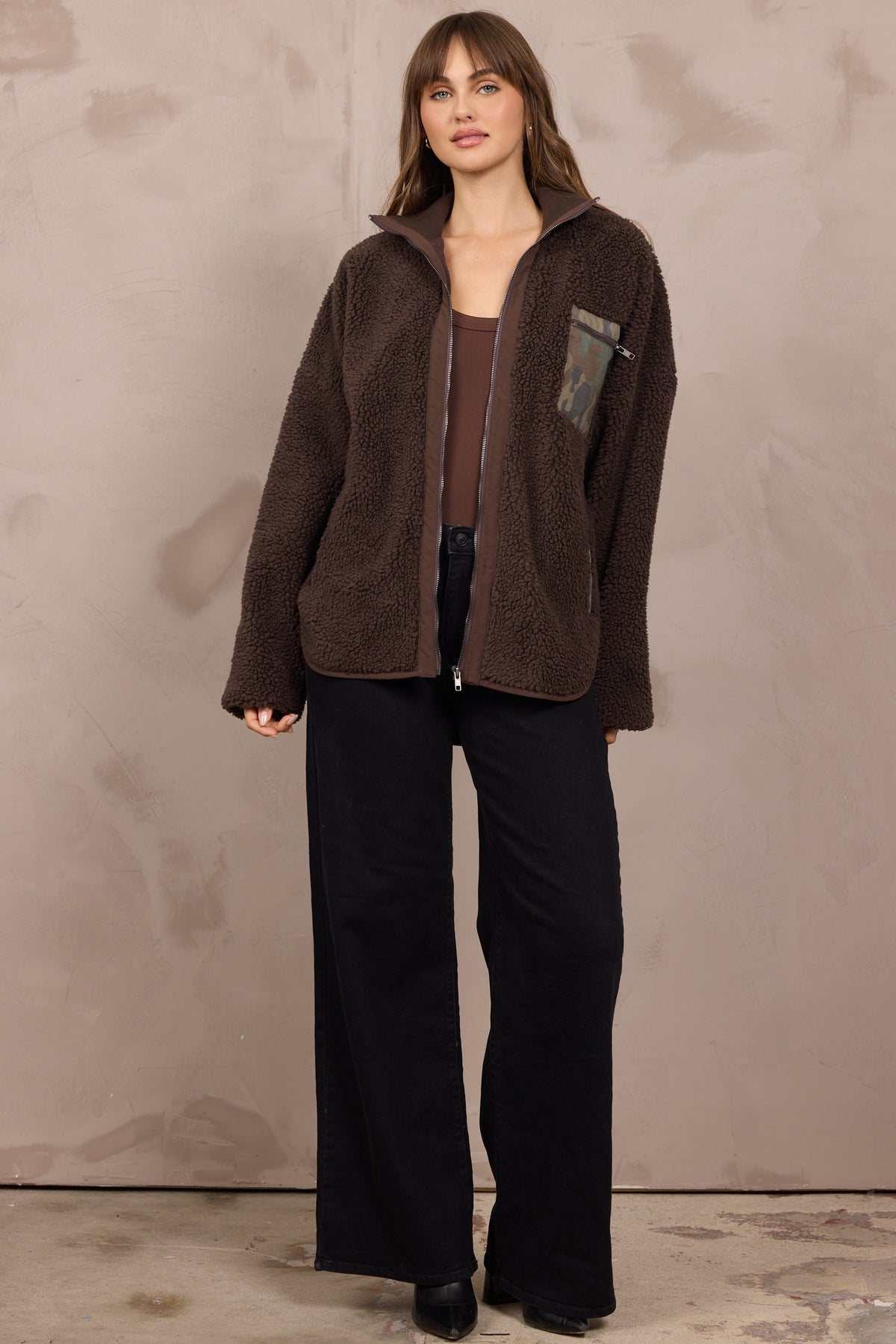 Brown Shearling Zip Front Jacket