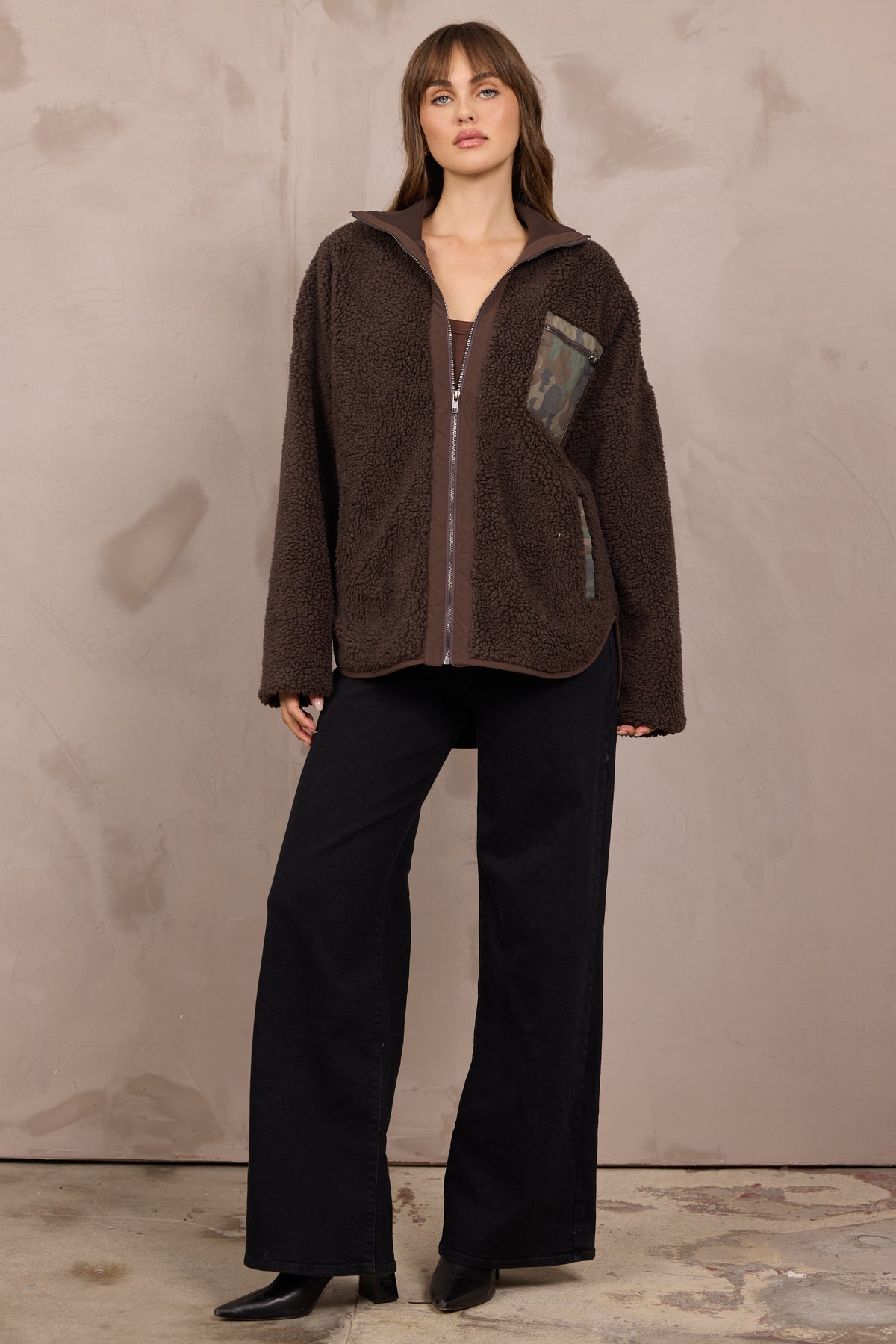 Brown Shearling Zip Front Jacket