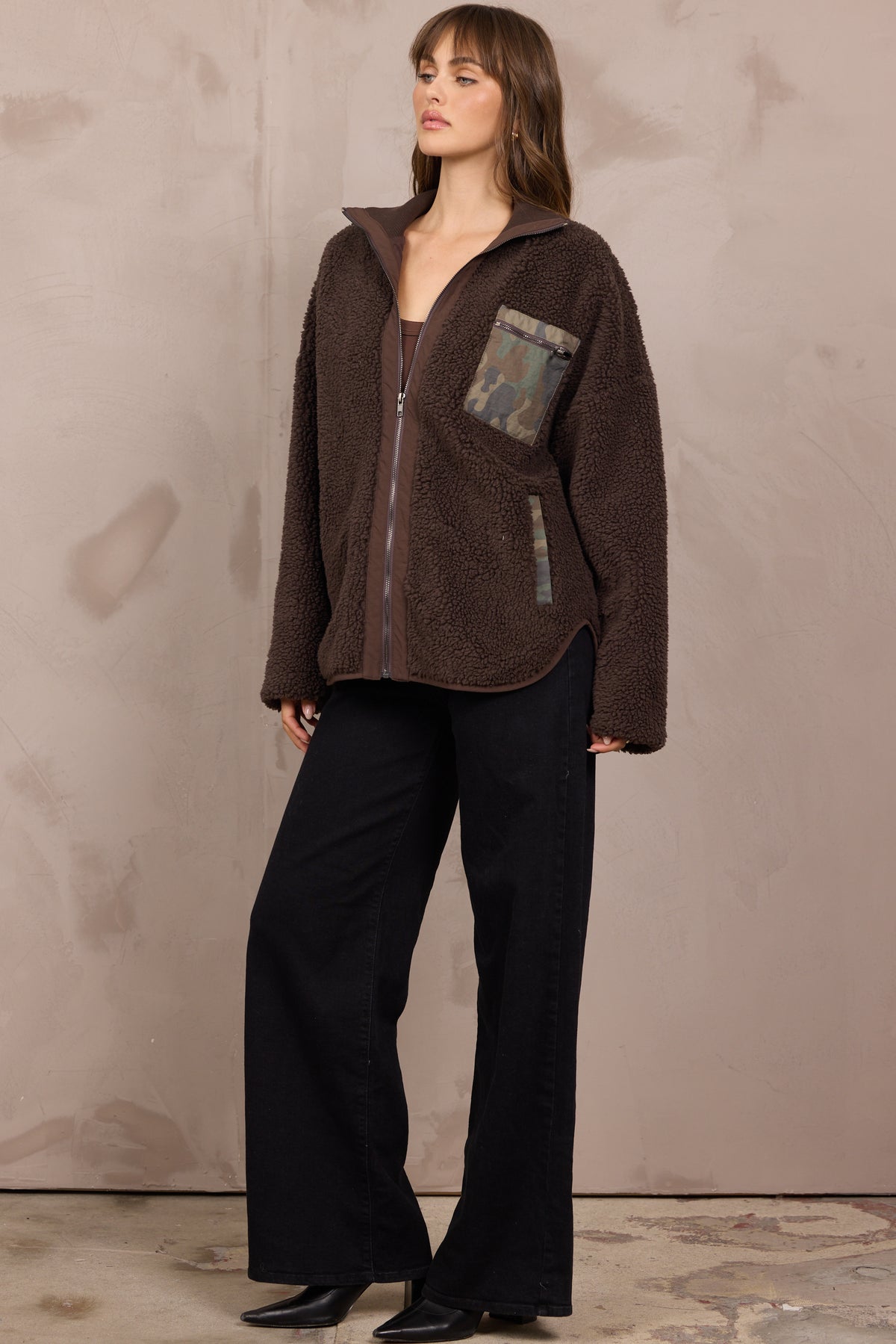 Brown Shearling Zip Front Jacket