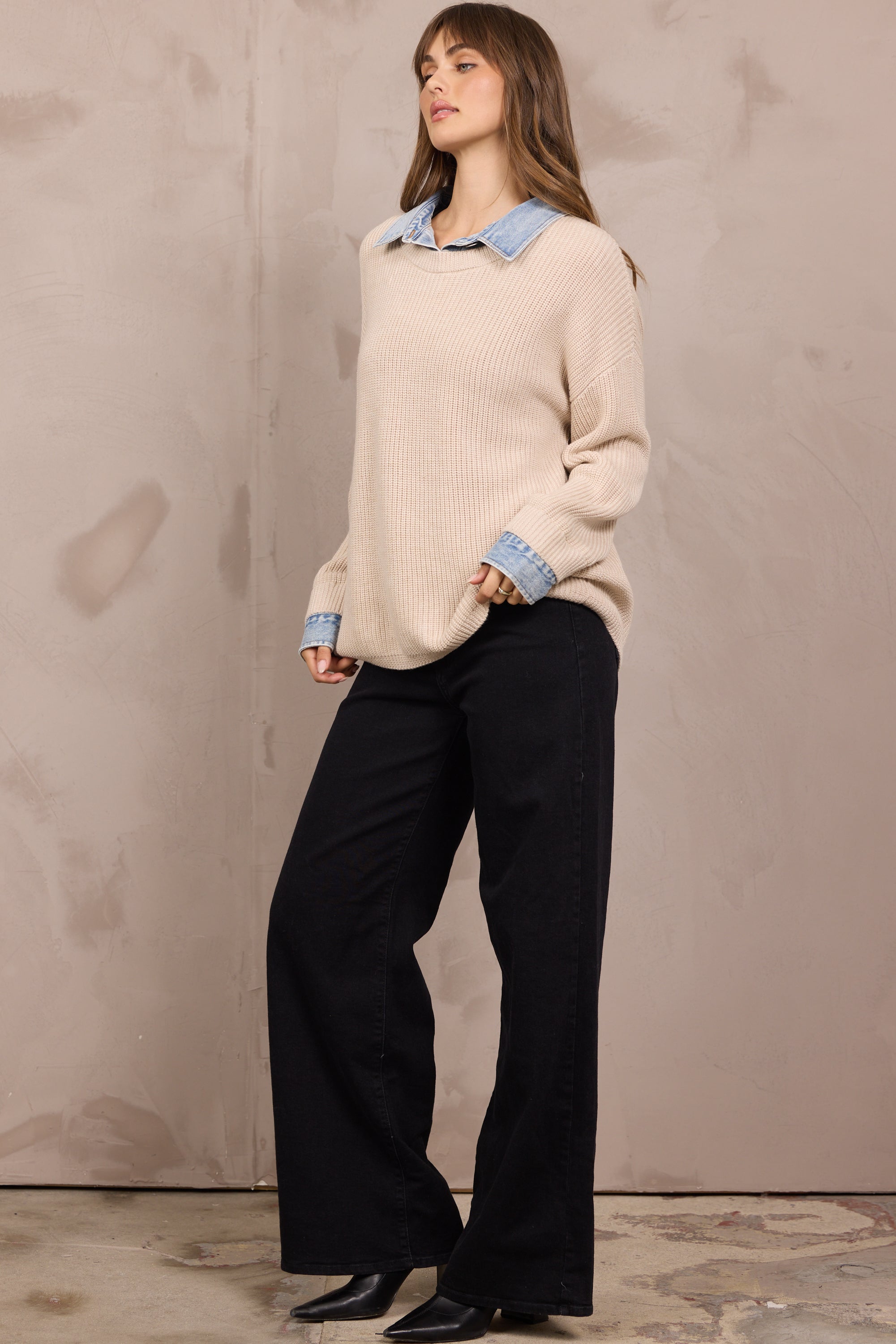Sweater w/ Denim Collar/Cuff