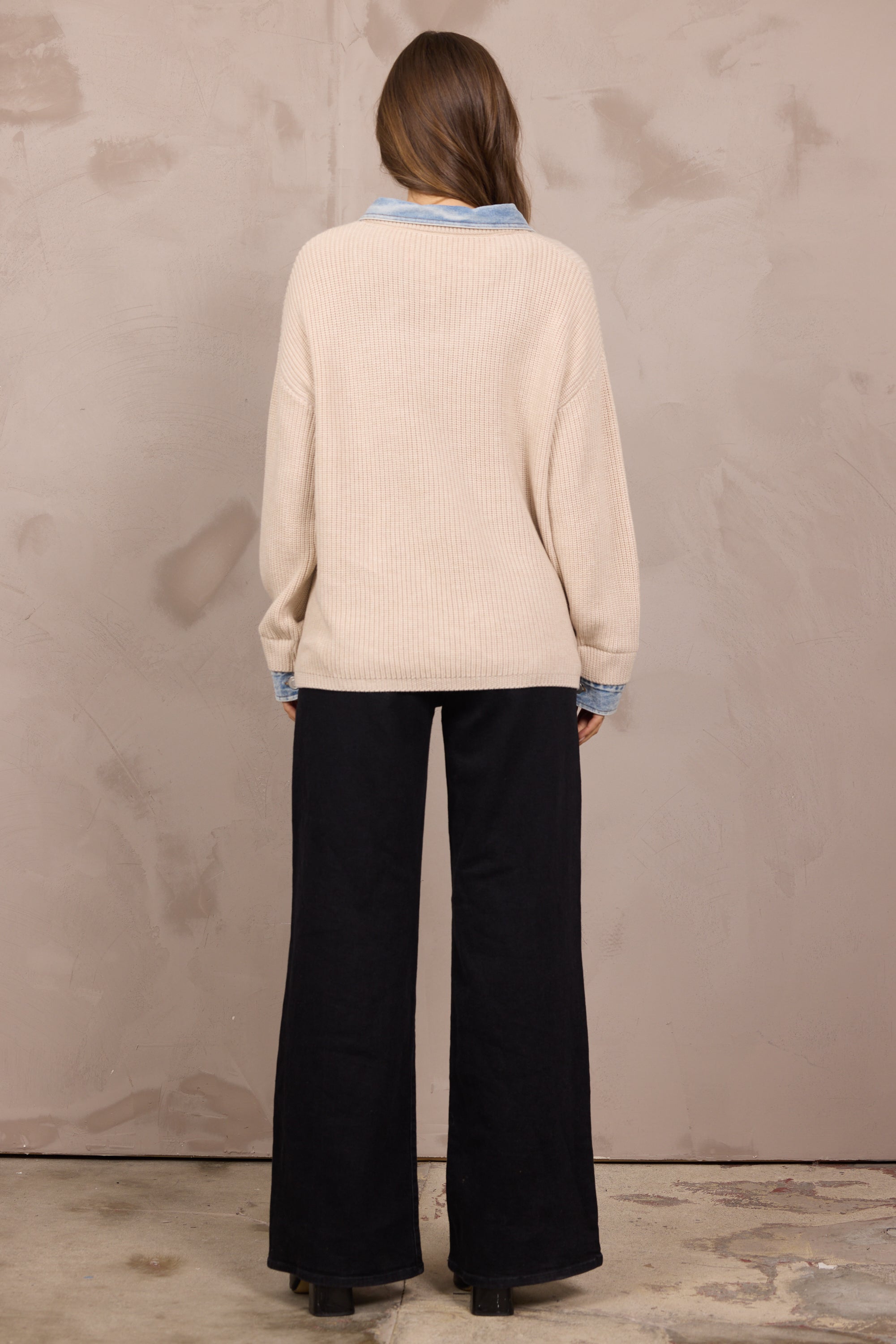 Sweater w/ Denim Collar/Cuff
