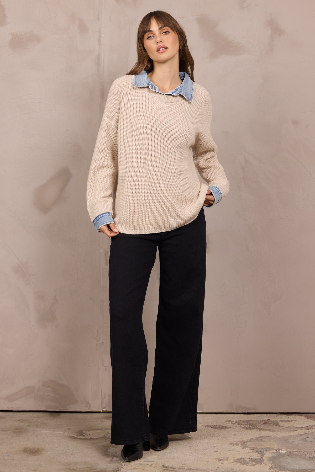 Sweater w/ Denim Collar/Cuff
