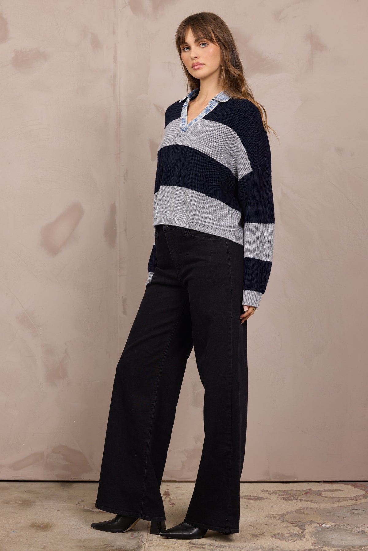 Stripe Sweater w/ Denim Collar