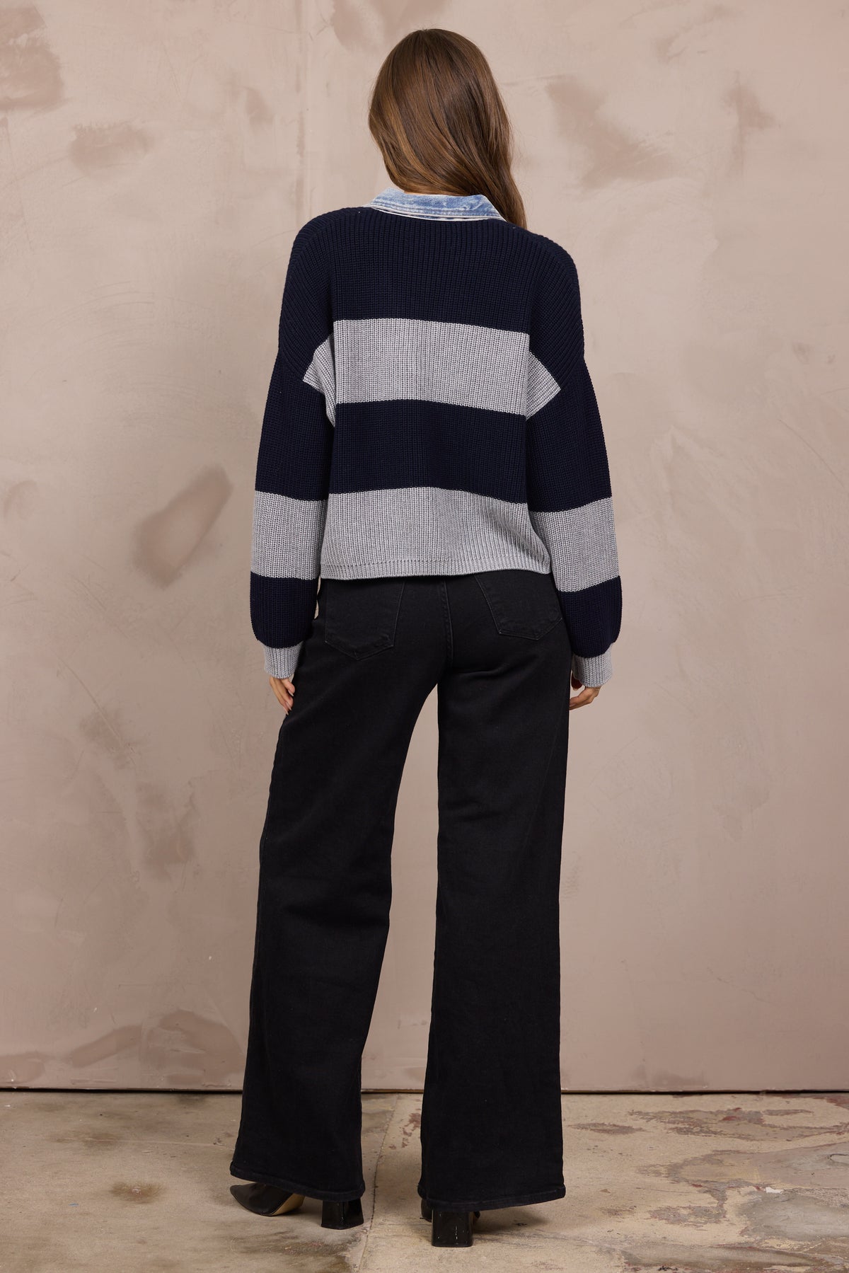 Stripe Sweater w/ Denim Collar