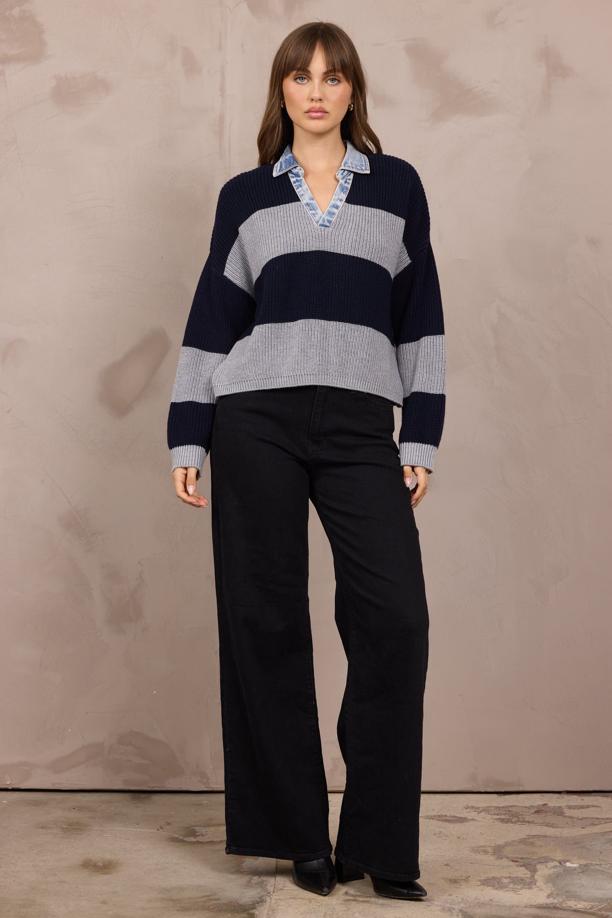Stripe Sweater w/ Denim Collar
