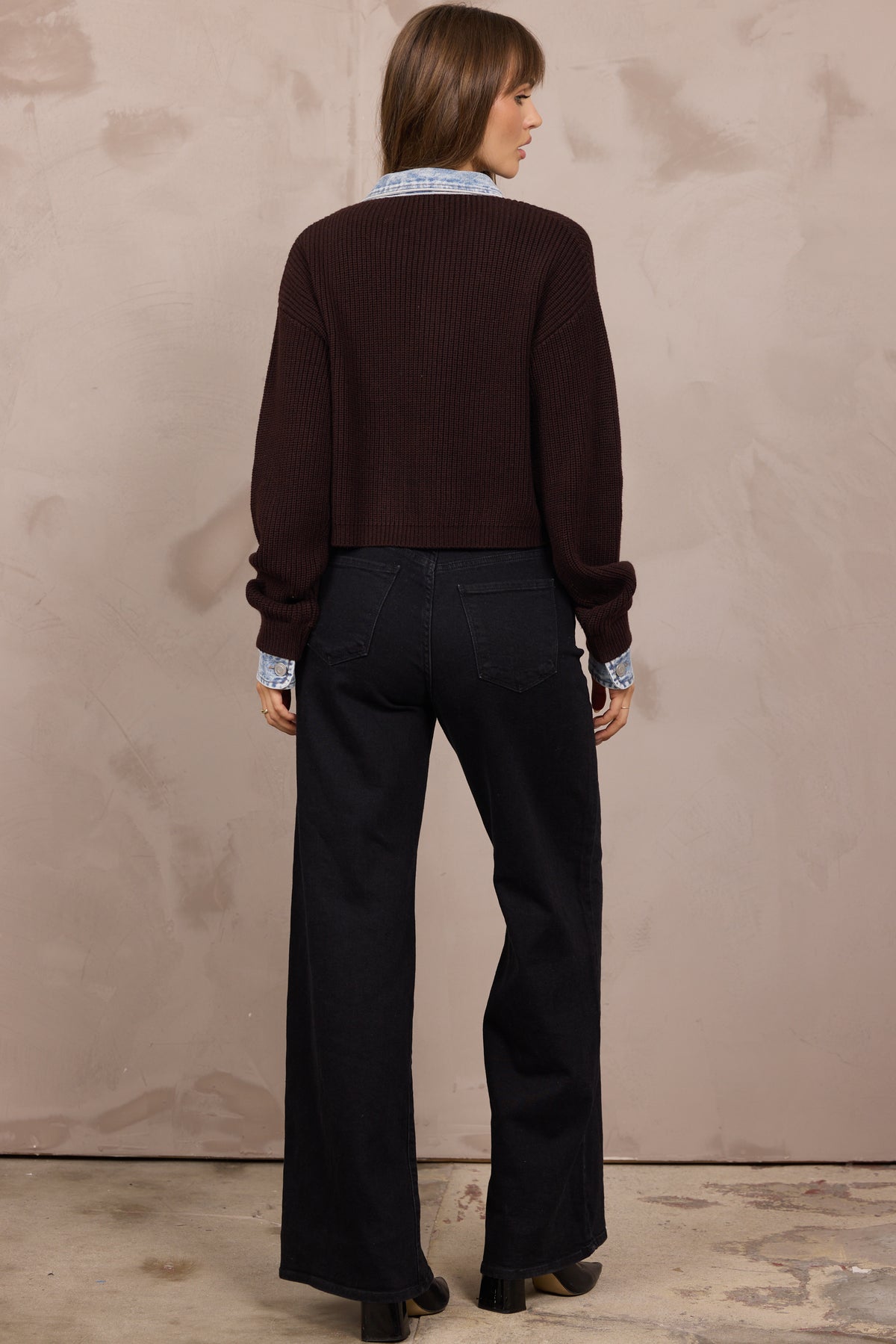 BUTTON FRONT CARDIGAN W/ DENIM COLLAR/CUFF