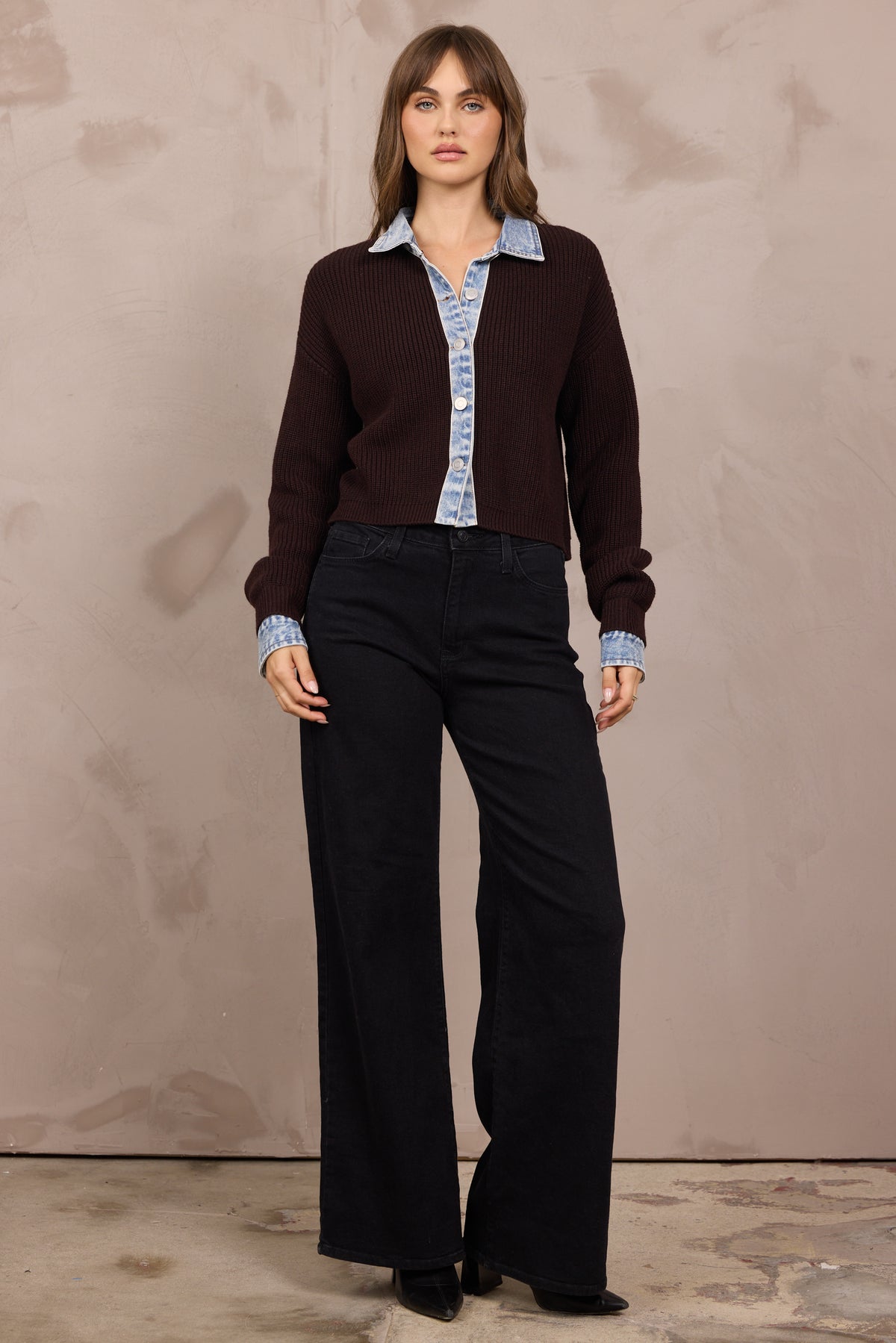 BUTTON FRONT CARDIGAN W/ DENIM COLLAR/CUFF