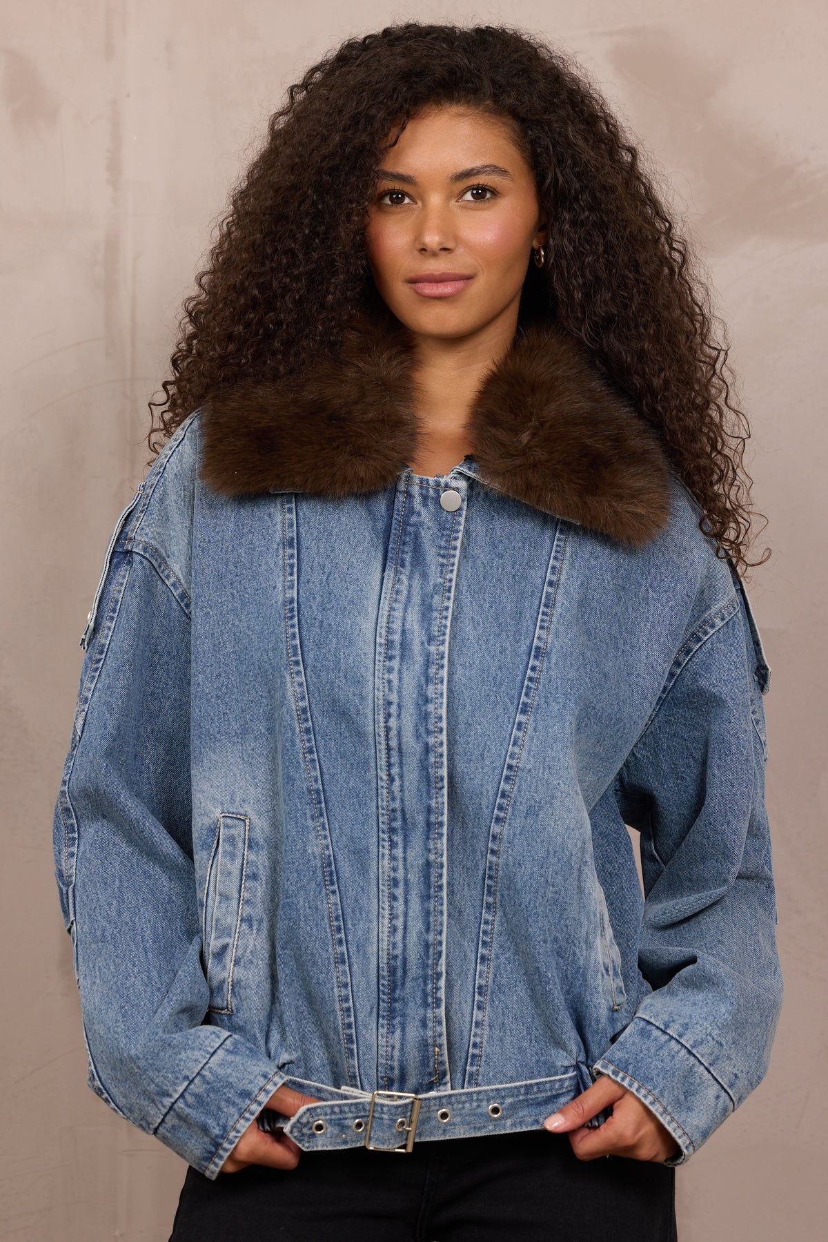 Denim Jacket with Removable Fur Collar