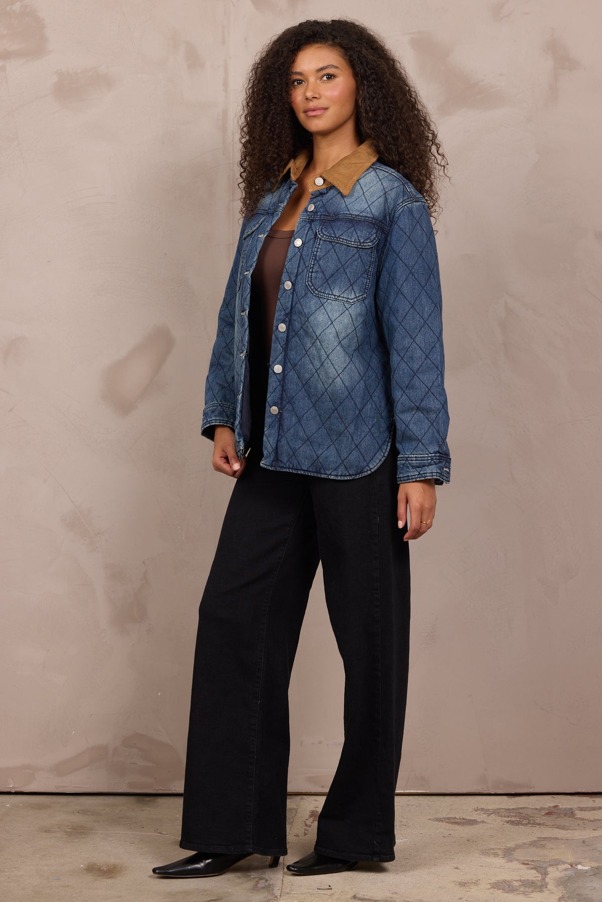 Blue Quilted Denim Jacket w/ Suede Collar