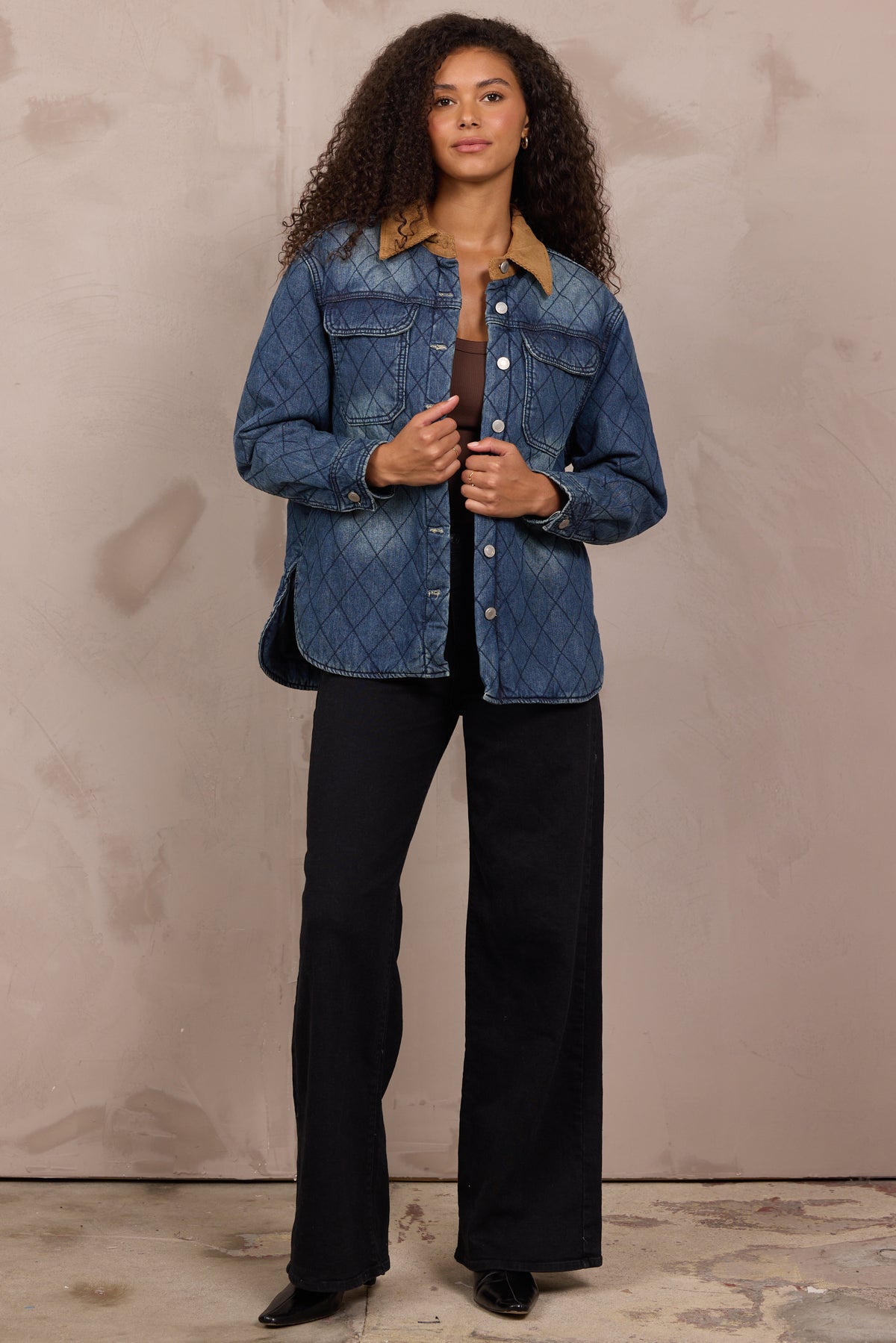 Blue Quilted Denim Jacket w/ Suede Collar