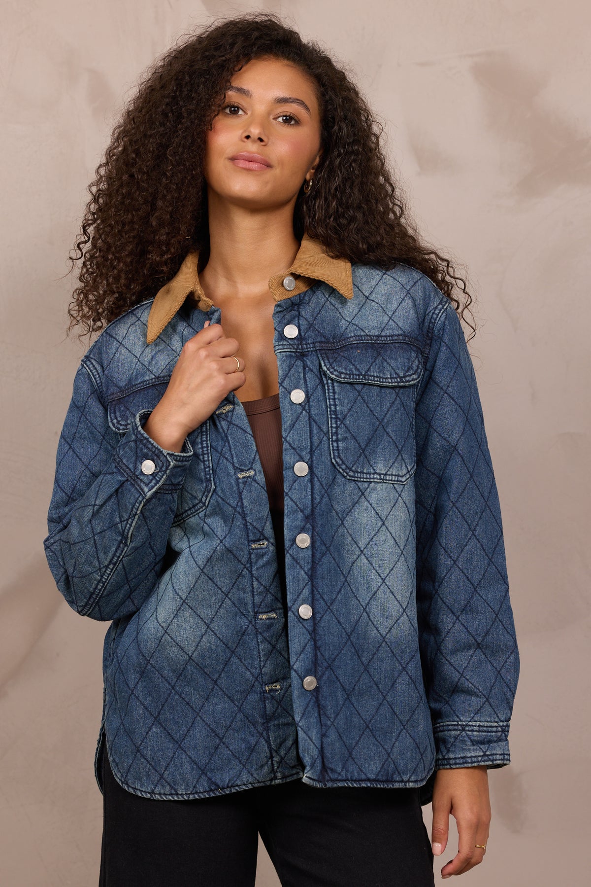 Blue Quilted Denim Jacket w/ Suede Collar