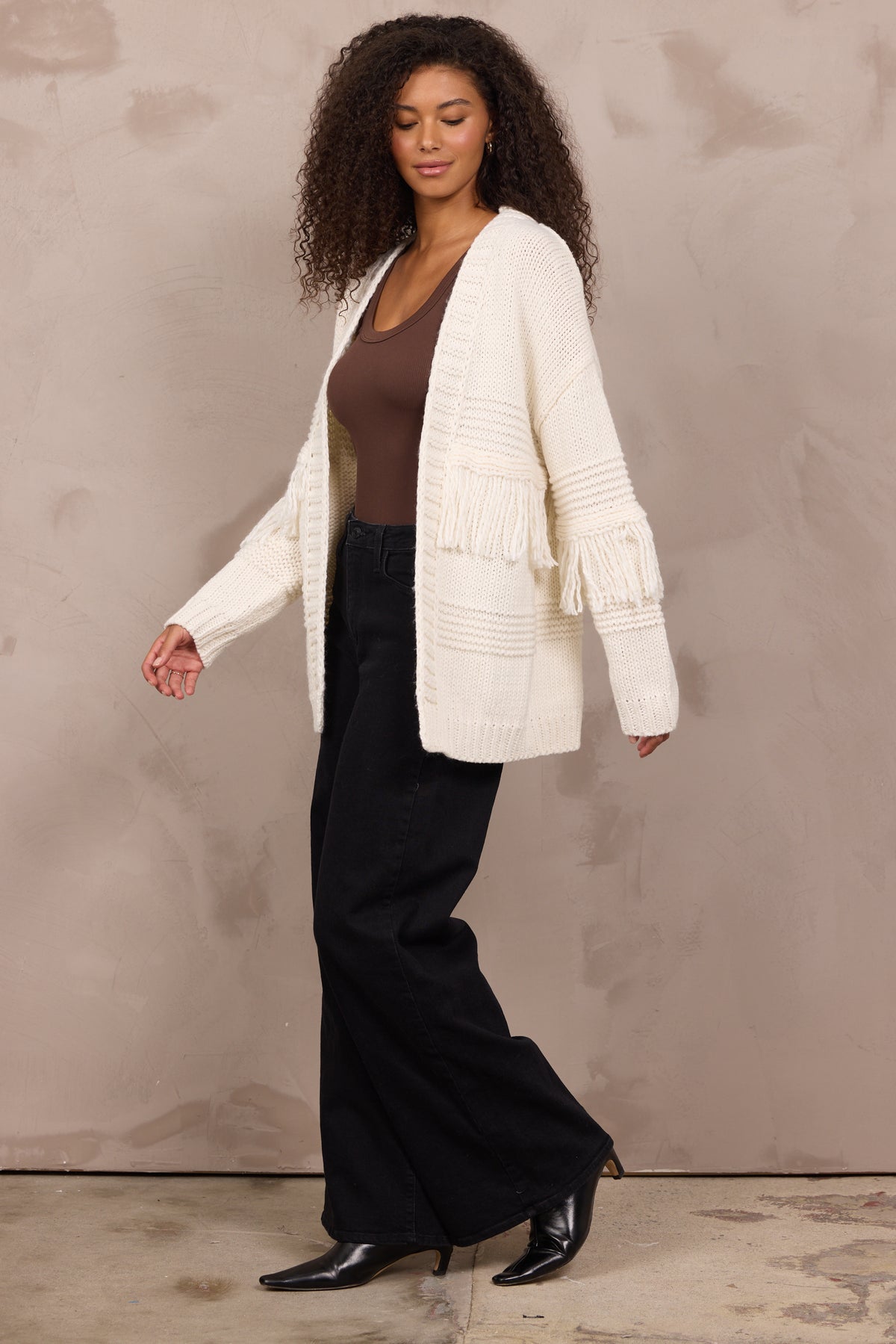 Cable Knit Cardigan W Fringe