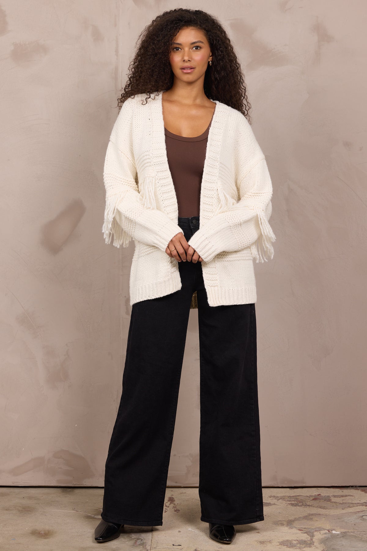 Cable Knit Cardigan W Fringe