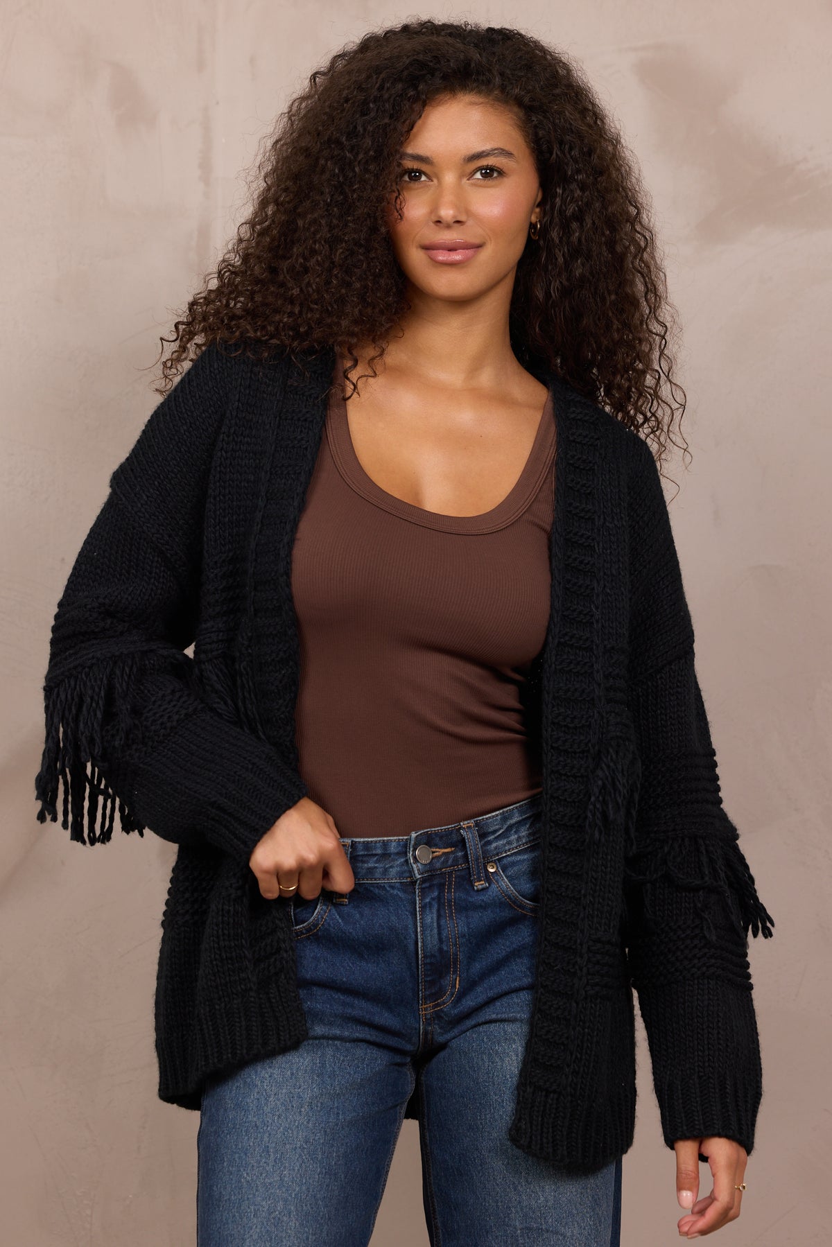 Cable Knit Cardigan W Fringe