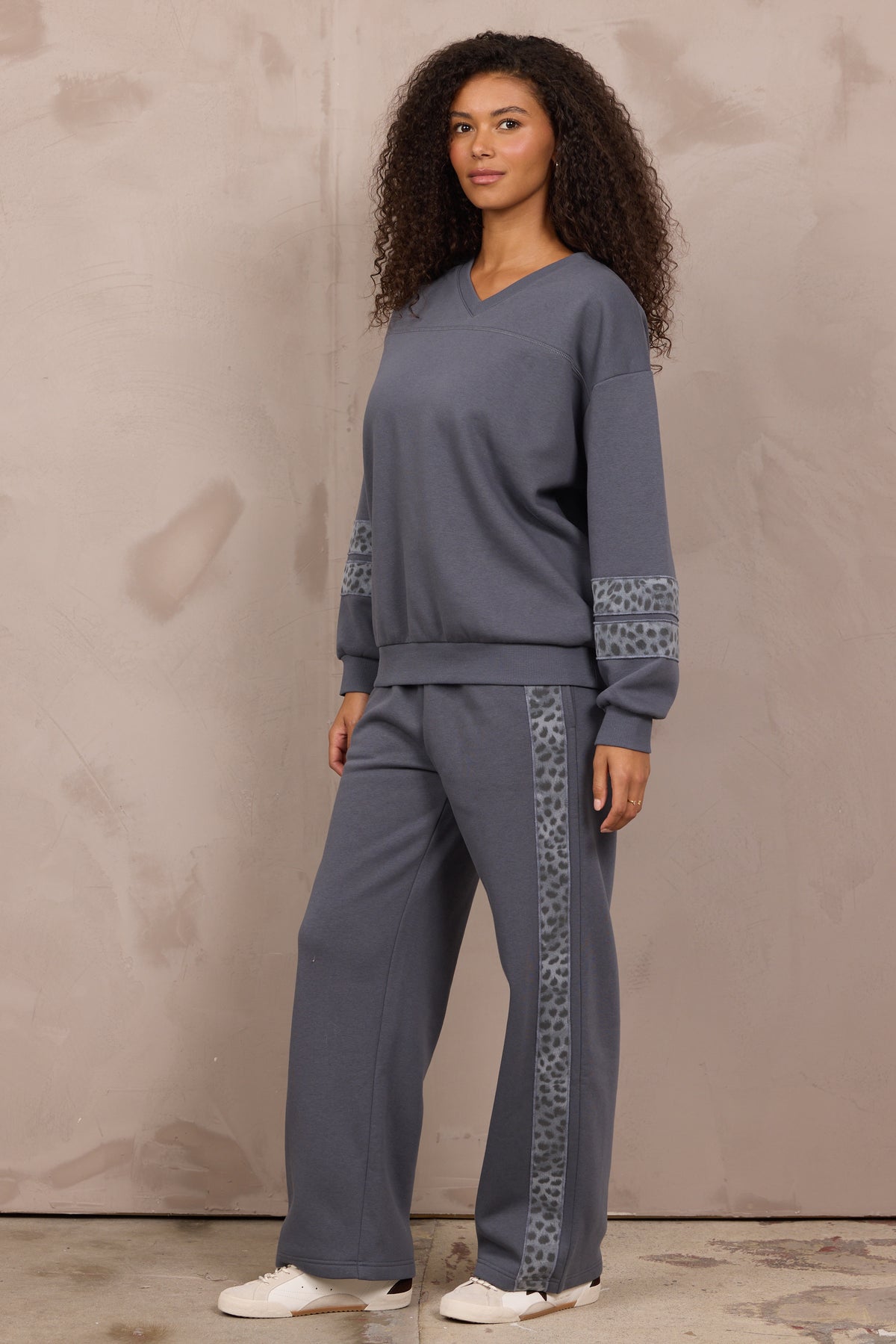 Fleece Leopard Trim 2-Piece Set in Washed Charcoal