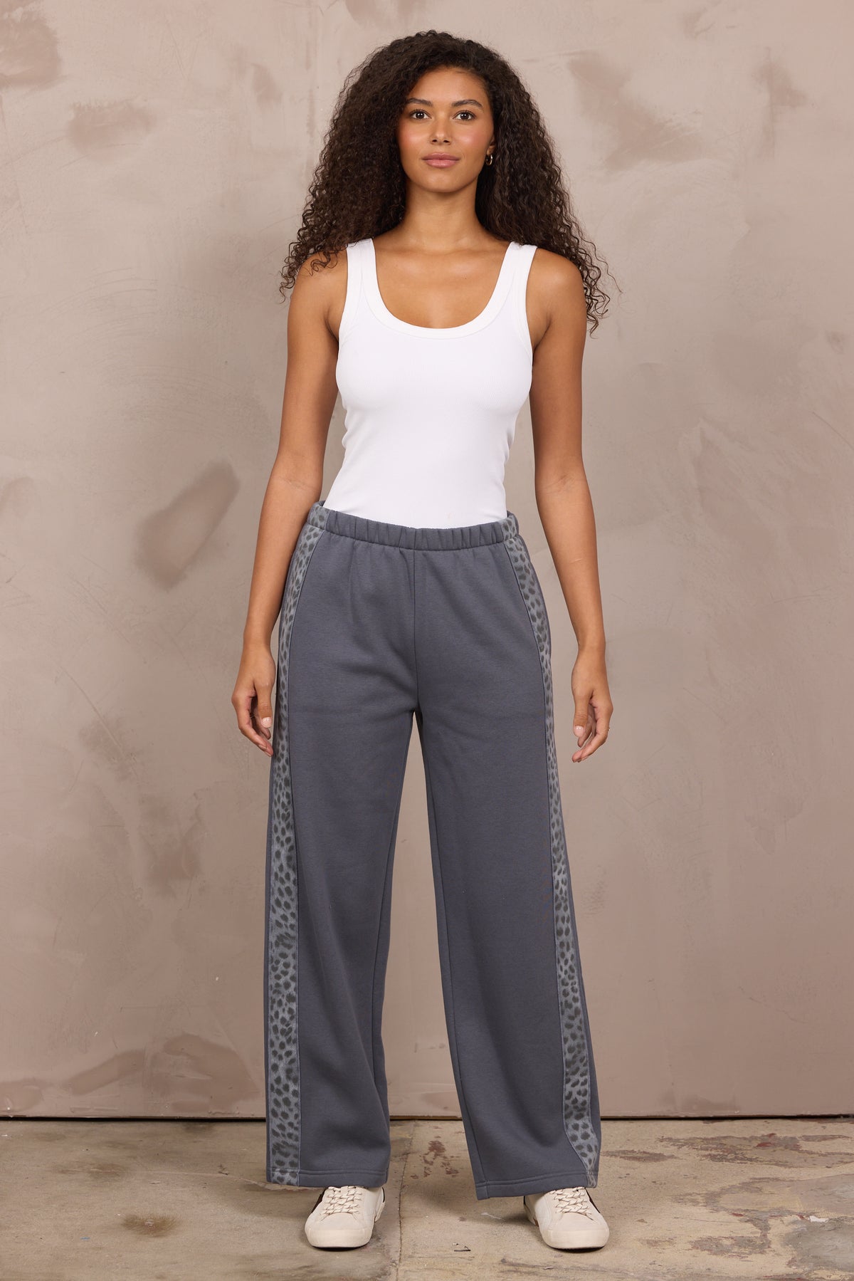 Fleece Wide Leg Pant w/ Leopard Trim