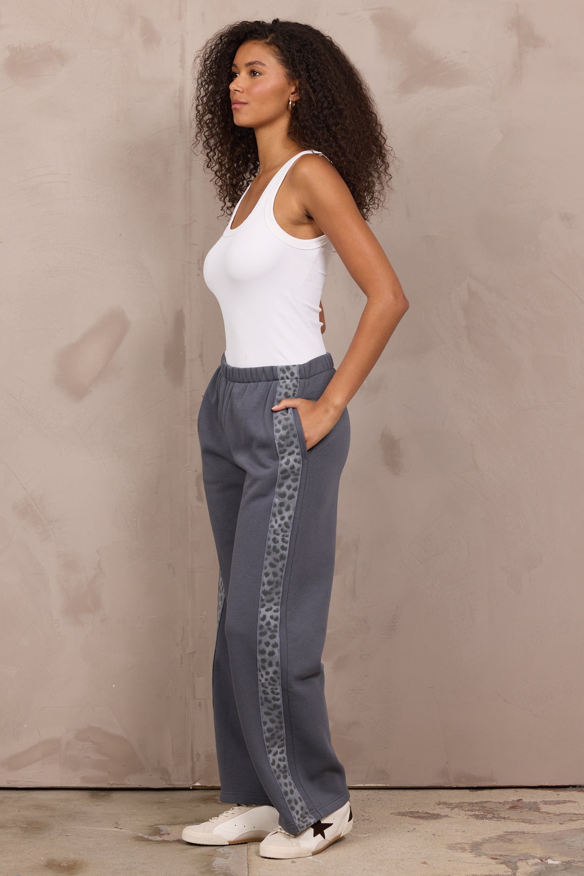 Fleece Wide Leg Pant w/ Leopard Trim